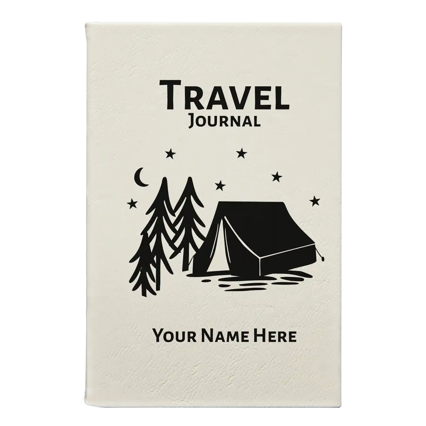 Small white leatherette sketch book laser etched with 'Travel Journal' design