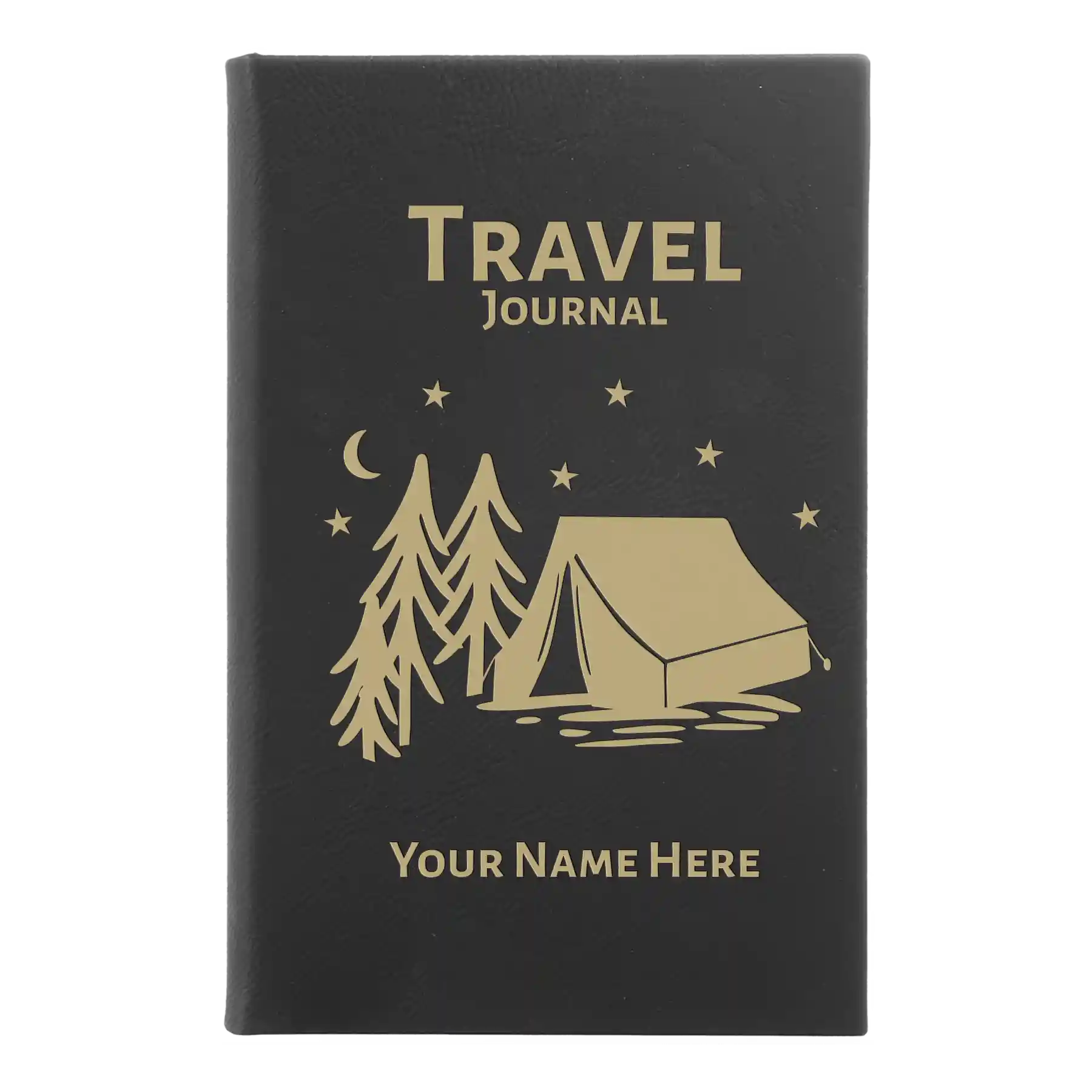 Small black/gold leatherette journal laser etched with 'Travel Journal' design