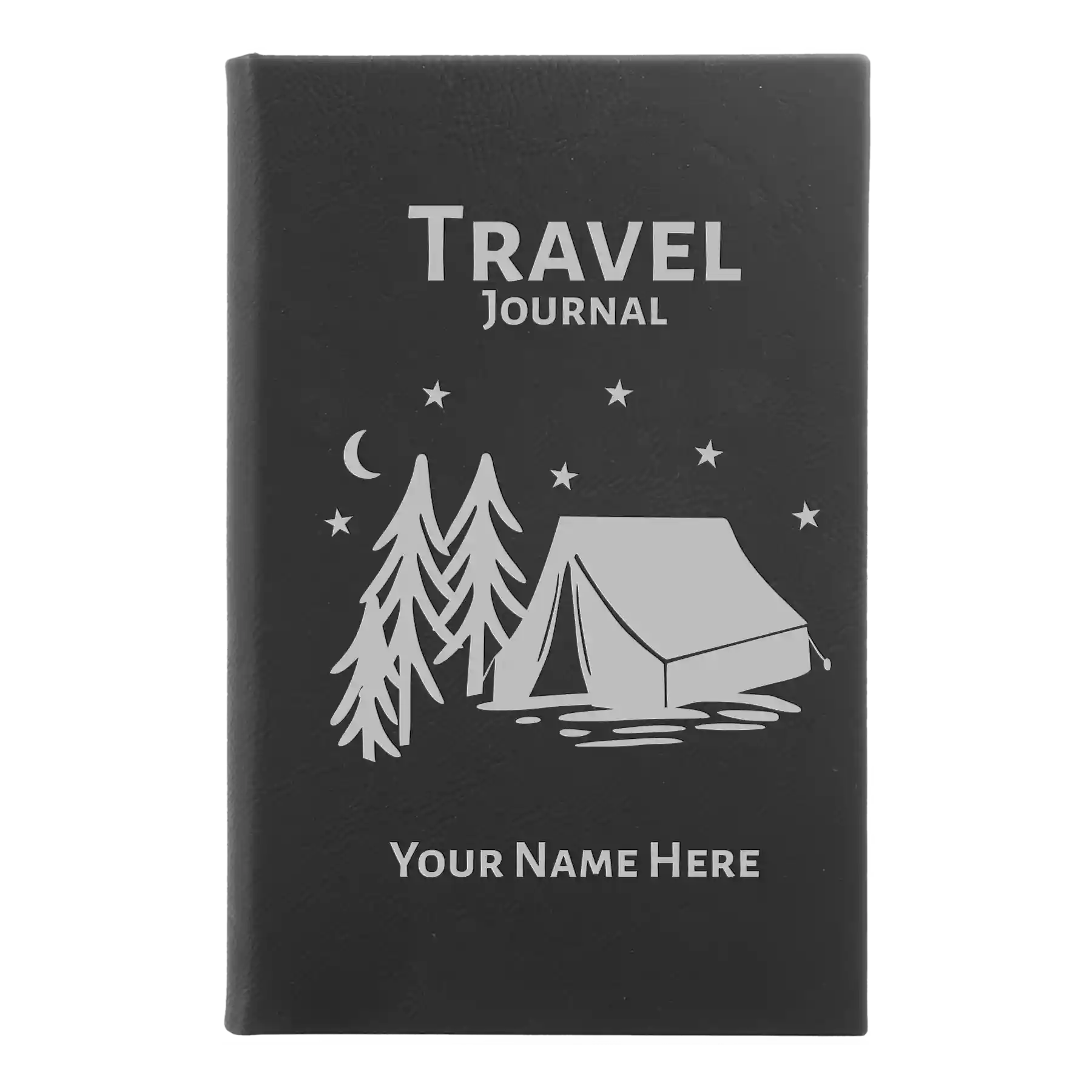 Small black/silver leatherette sketch book laser etched with 'Travel Journal' design