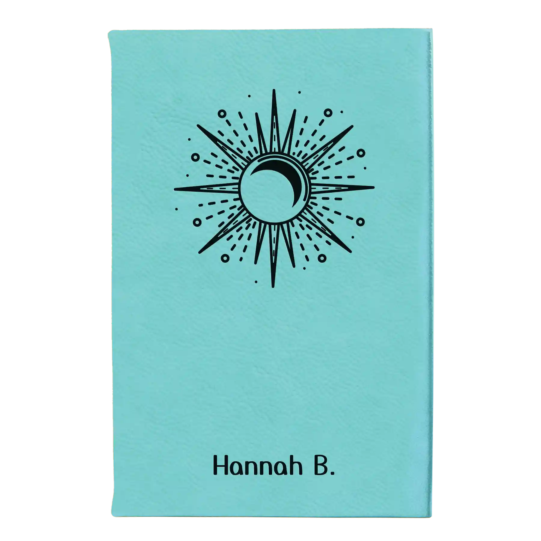 Small teal leatherette sketch book laser etched with 'Sunburst' design