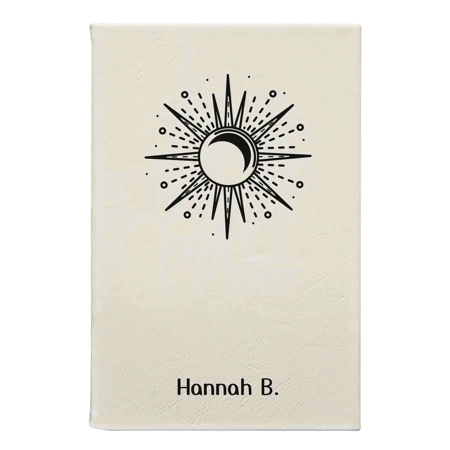 Small white leatherette sketch book laser etched with 'Sunburst' design