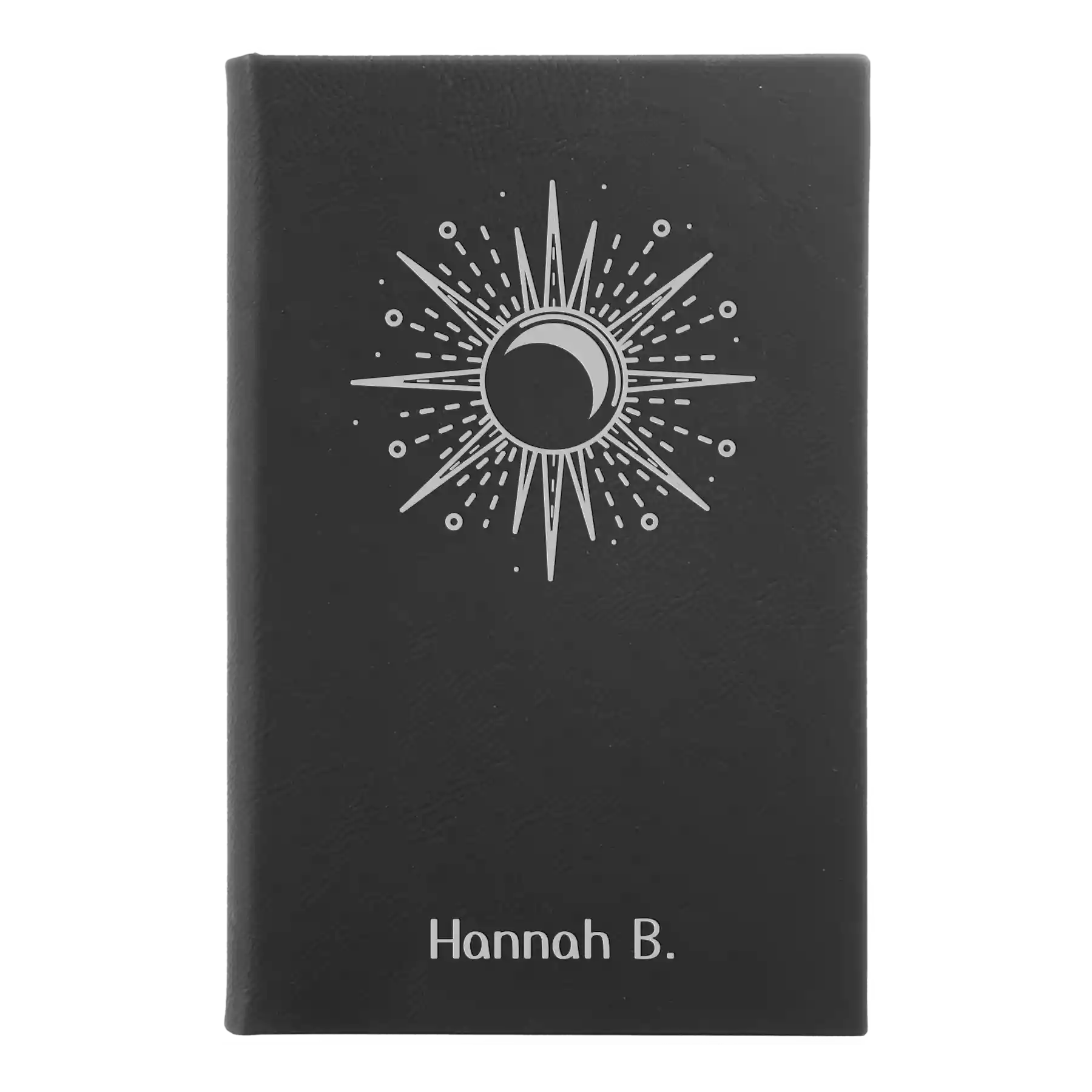 Small black/silver leatherette journal laser etched with 'Sunburst' design