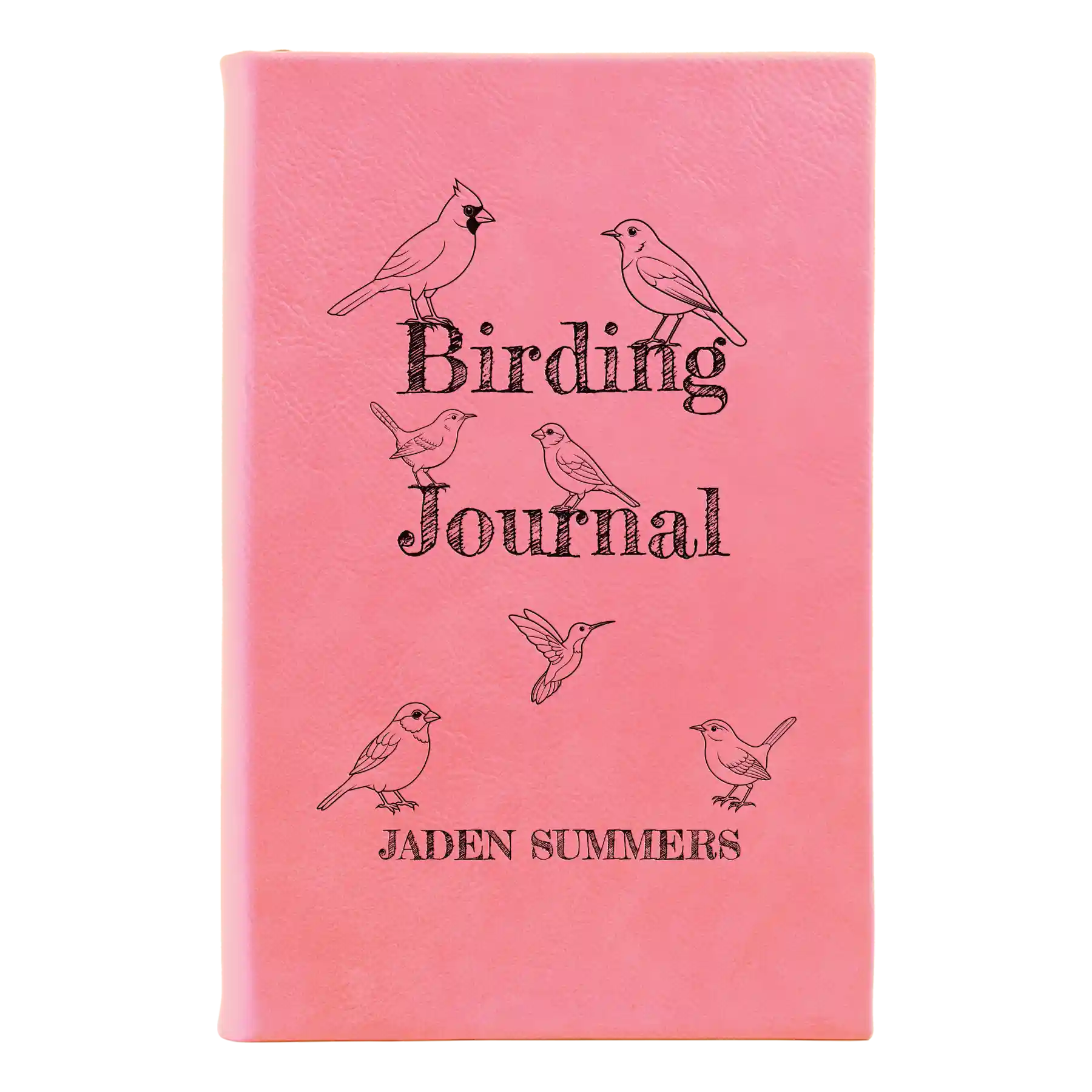 Small pink leatherette journal laser etched with 'Birding Journal' design