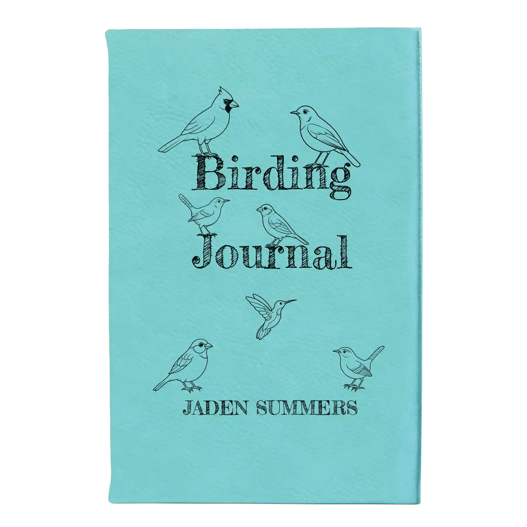 Small teal leatherette journal laser etched with 'Birding Journal' design