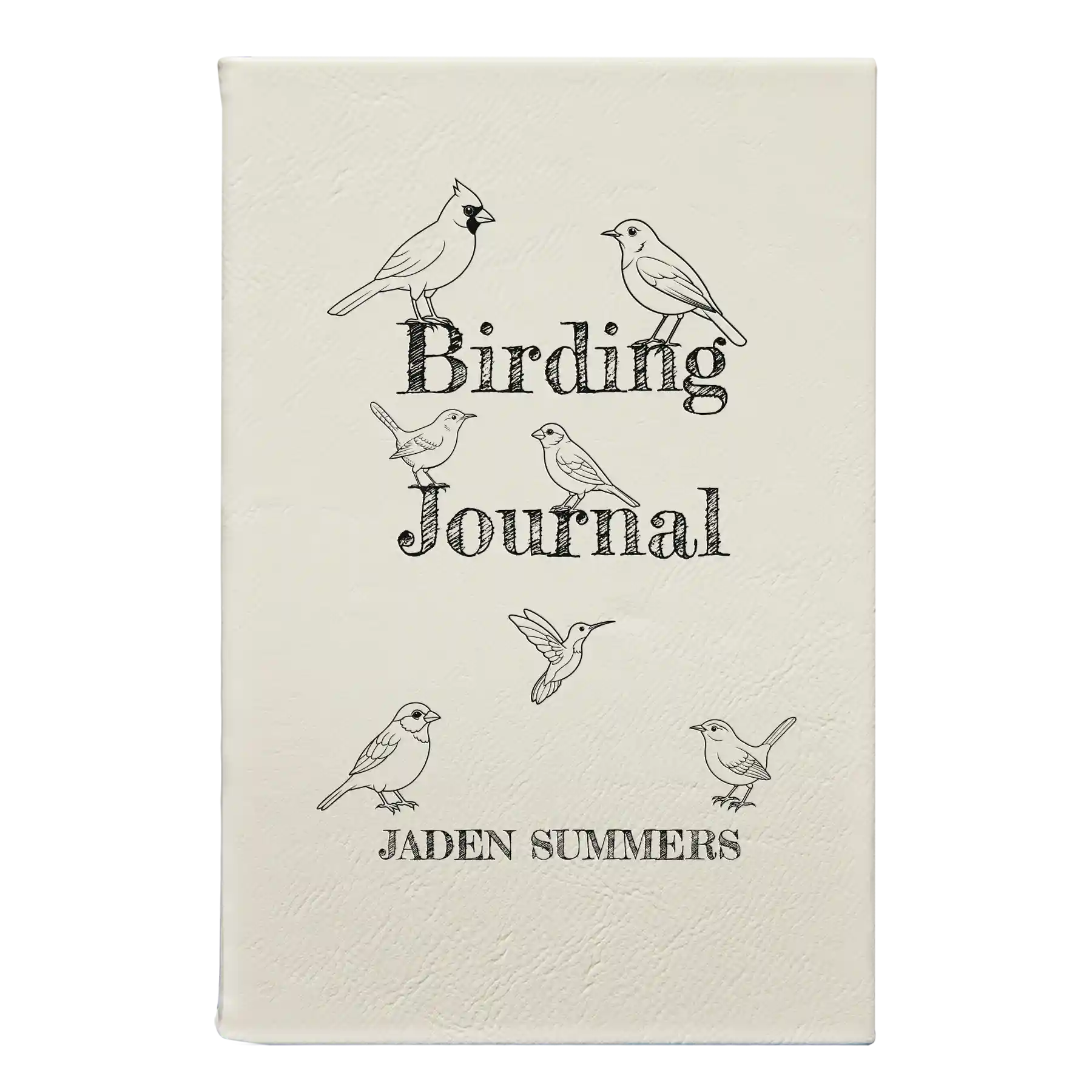 Small white leatherette journal laser etched with 'Birding Journal' design