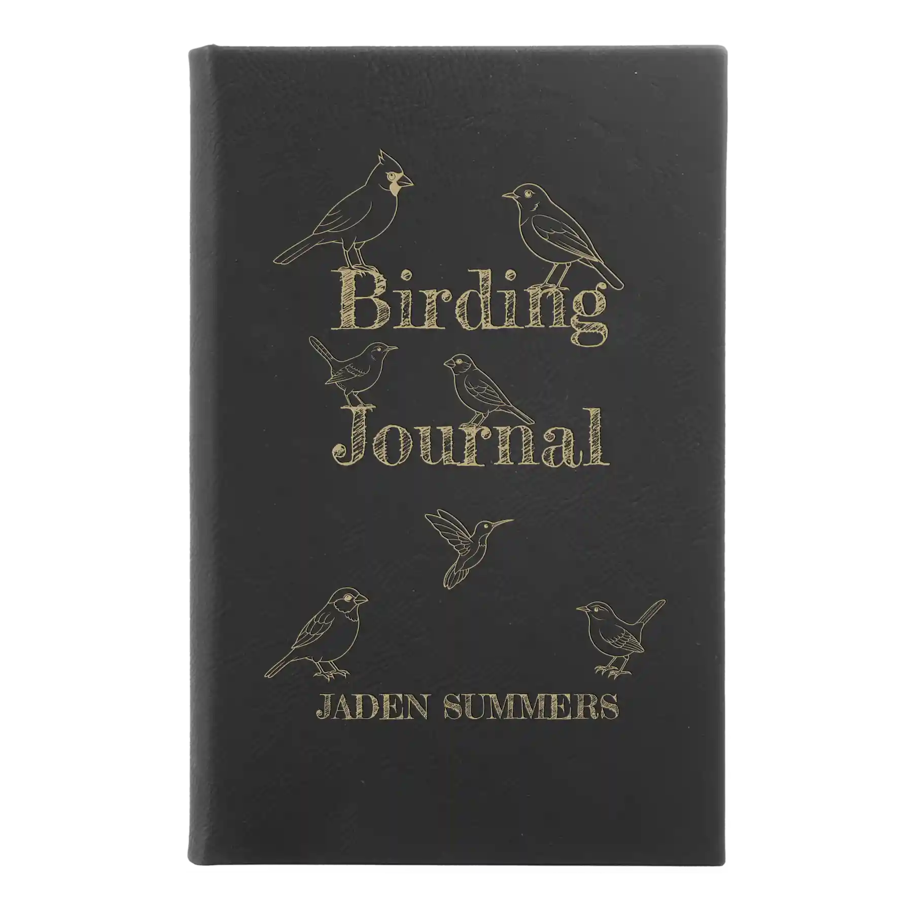 Small black/gold leatherette sketch book laser etched with 'Birding Journal' design