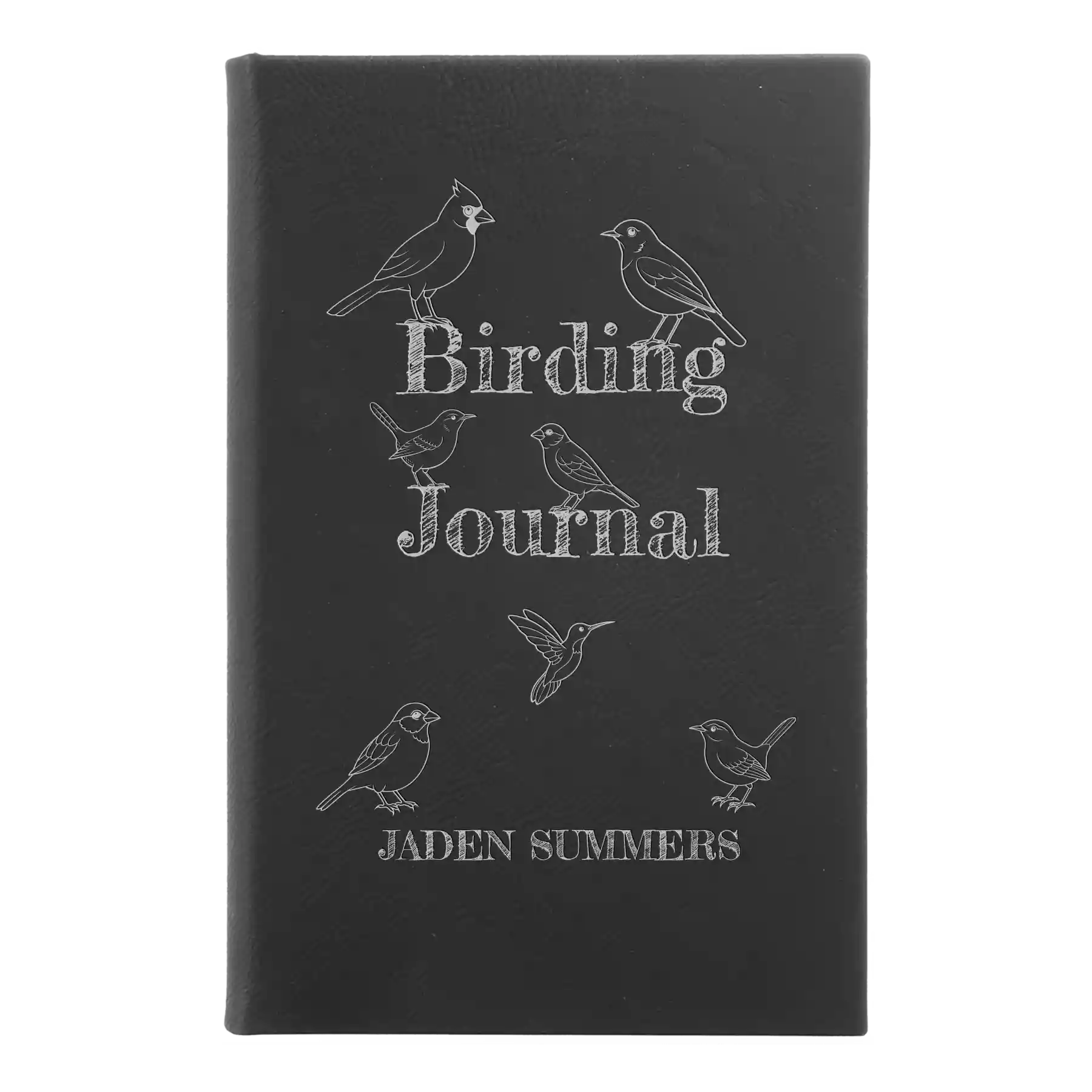 Small black/silver leatherette sketch book laser etched with 'Birding Journal' design