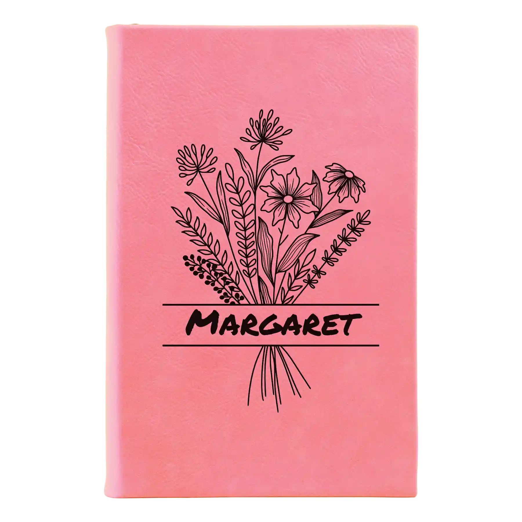 Small pink leatherette sketch book laser etched with 'Flower with Name' design