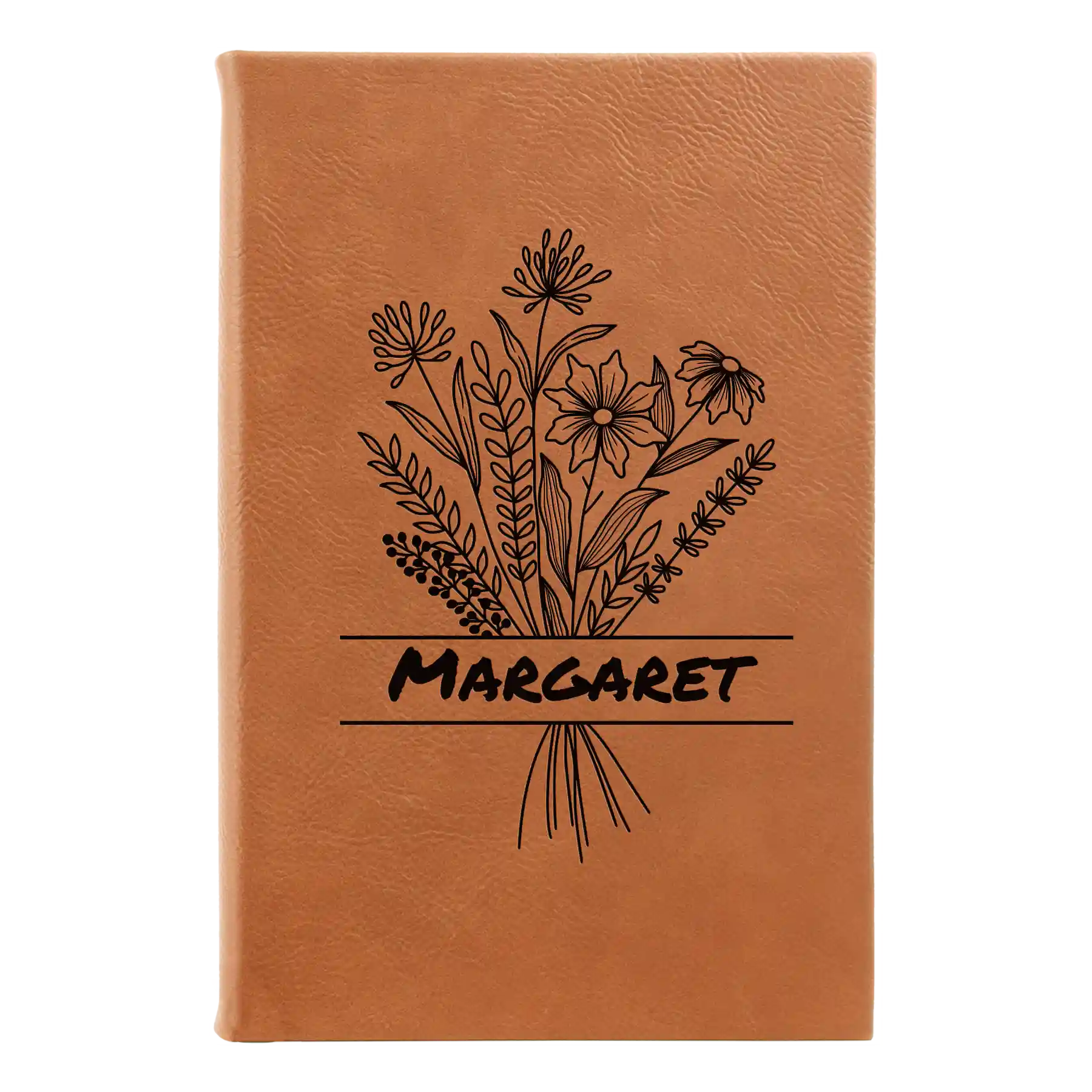 Small rawhide leatherette journal laser etched with 'Flower with Name' design