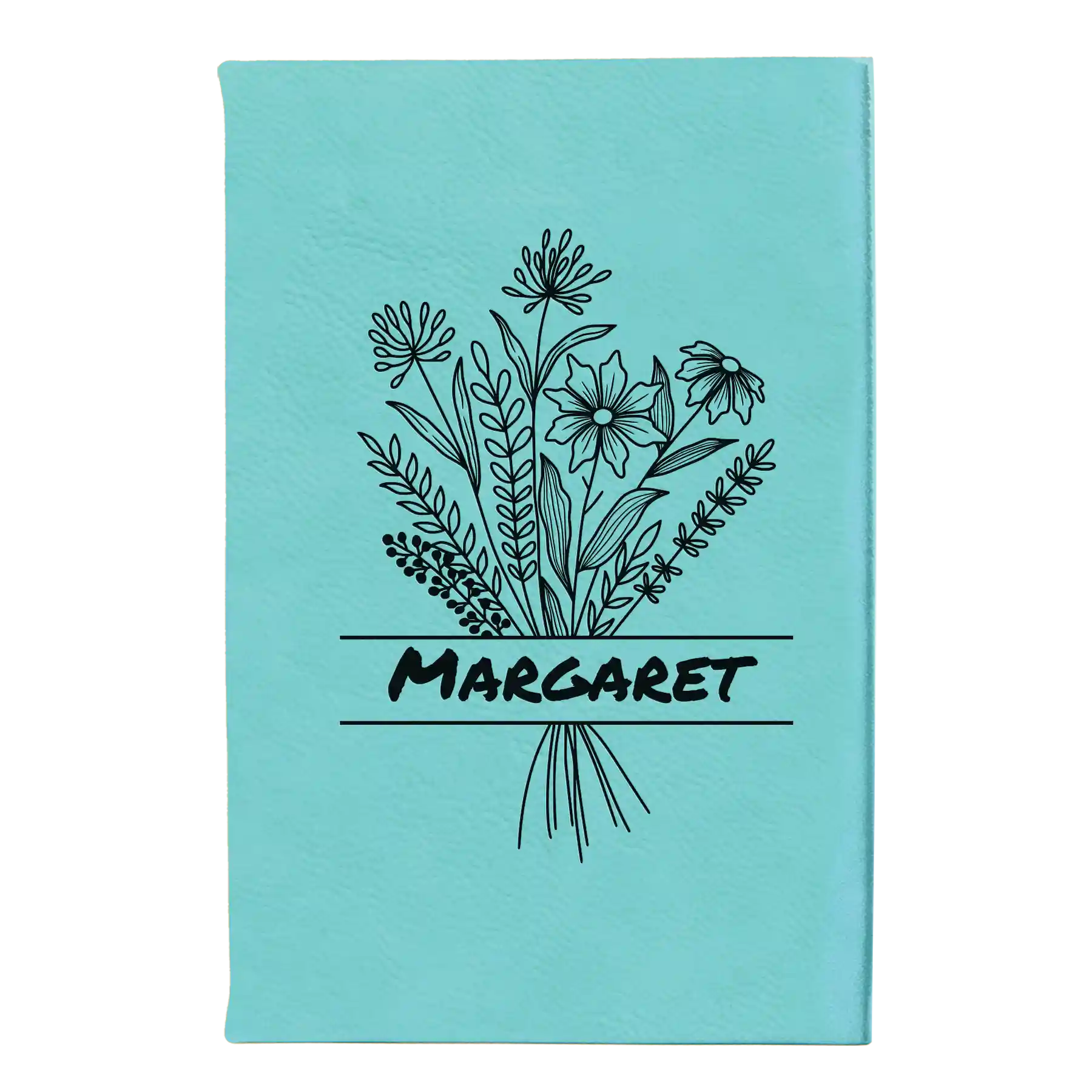 Small teal leatherette journal laser etched with 'Flower with Name' design