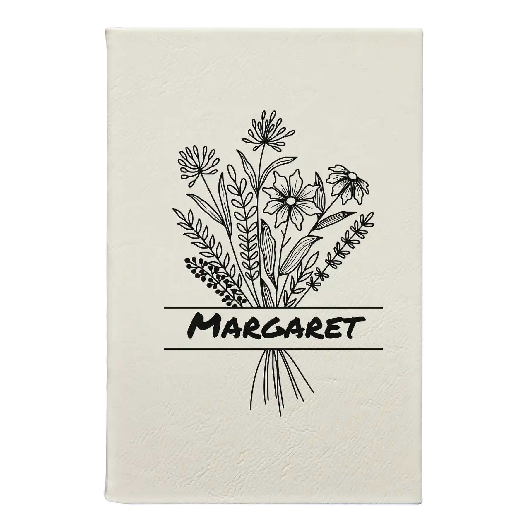 Small white leatherette sketch book laser etched with 'Flower with Name' design