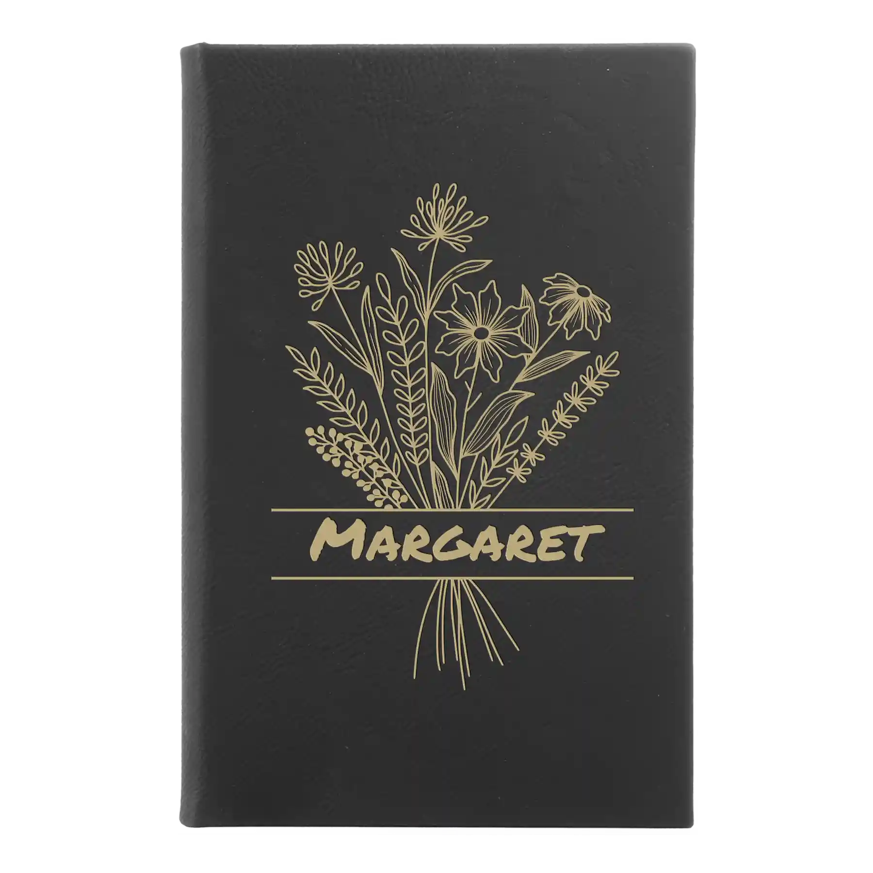 Small black/gold leatherette journal laser etched with 'Flower with Name' design