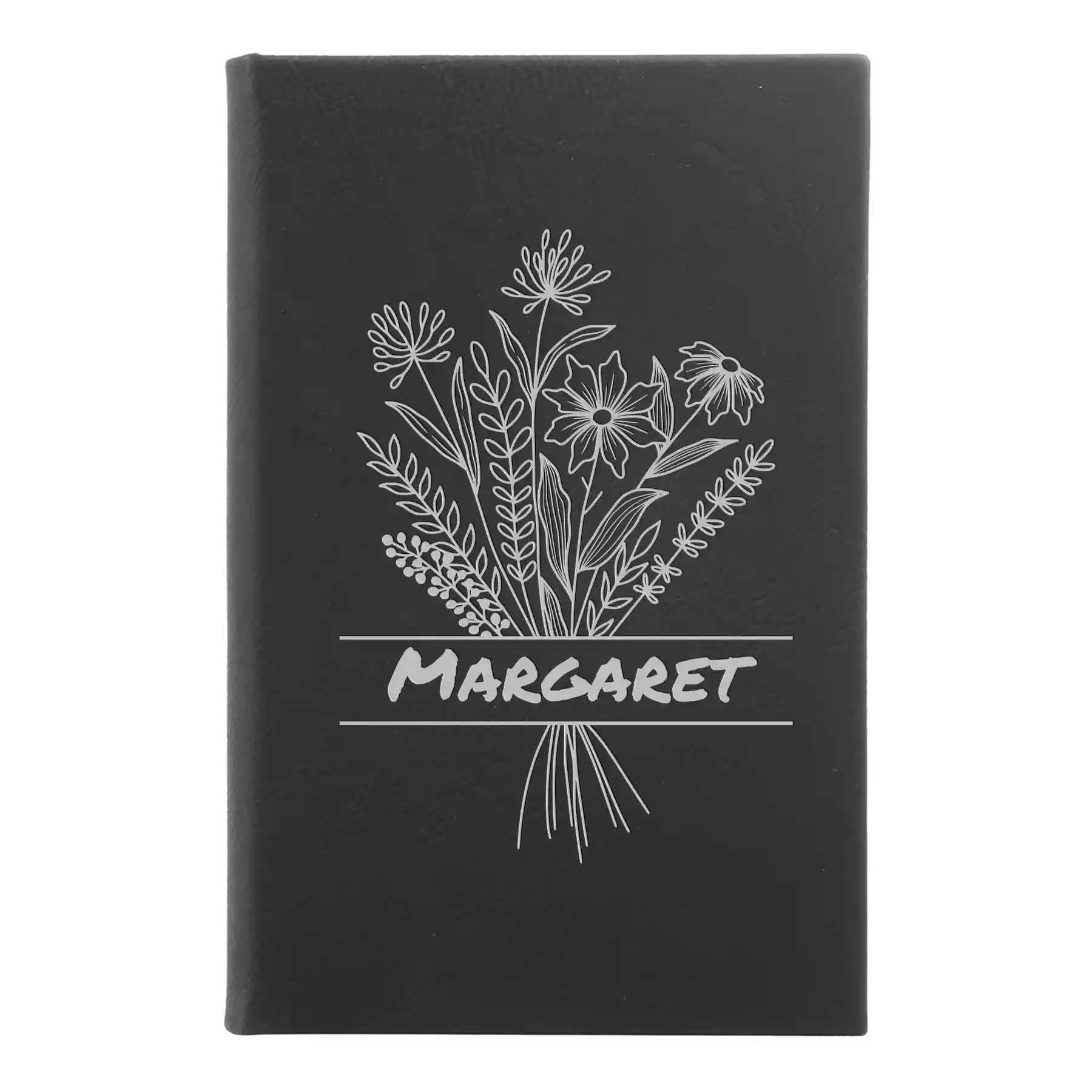 Small black/silver leatherette journal laser etched with 'Flower with Name' design