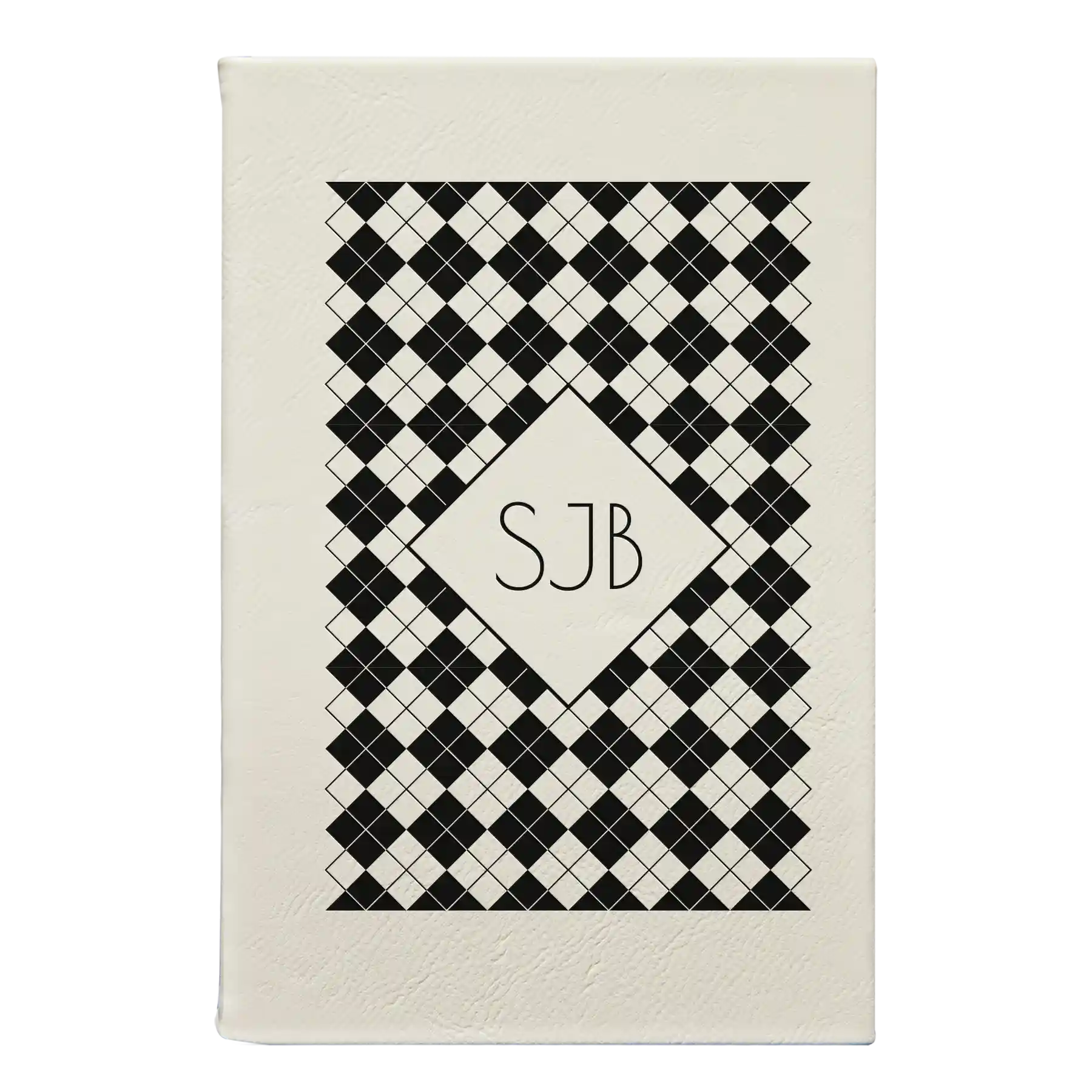 Small white leatherette sketch book laser etched with 'Argyle' design