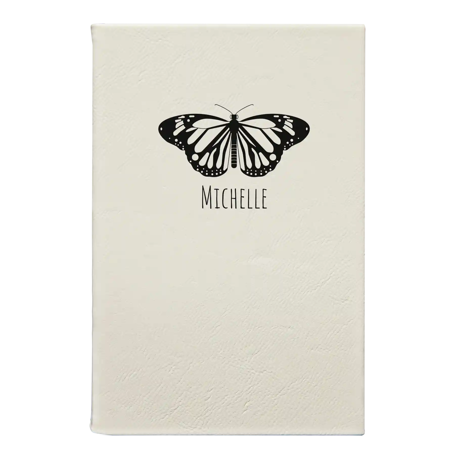 Small white leatherette sketch book laser etched with 'Butterfly Name' design
