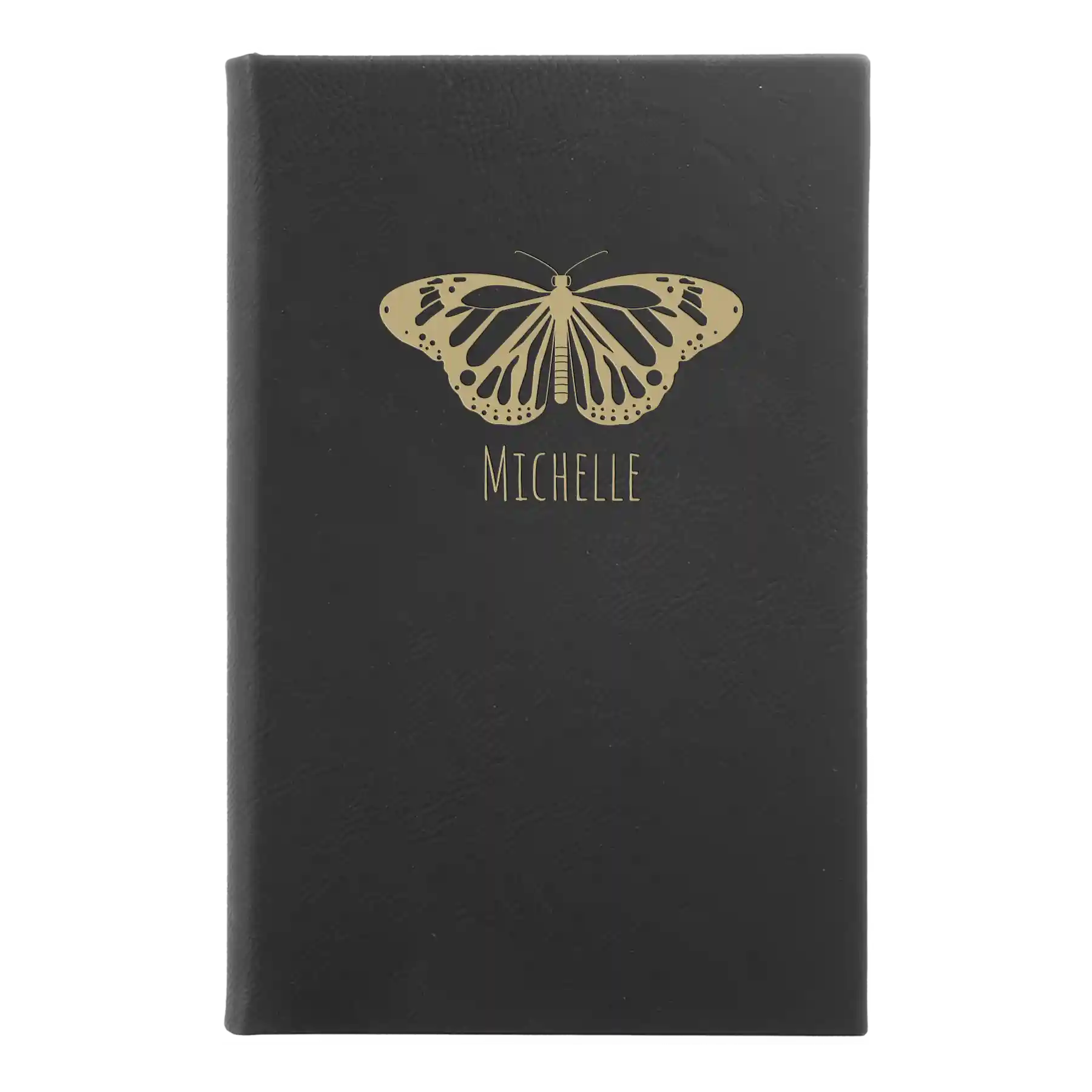 Small black/gold leatherette sketch book laser etched with 'Butterfly Name' design