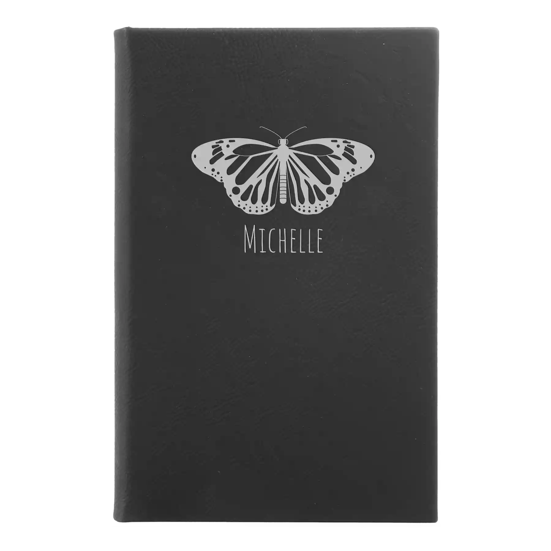Small black/silver leatherette sketch book laser etched with 'Butterfly Name' design