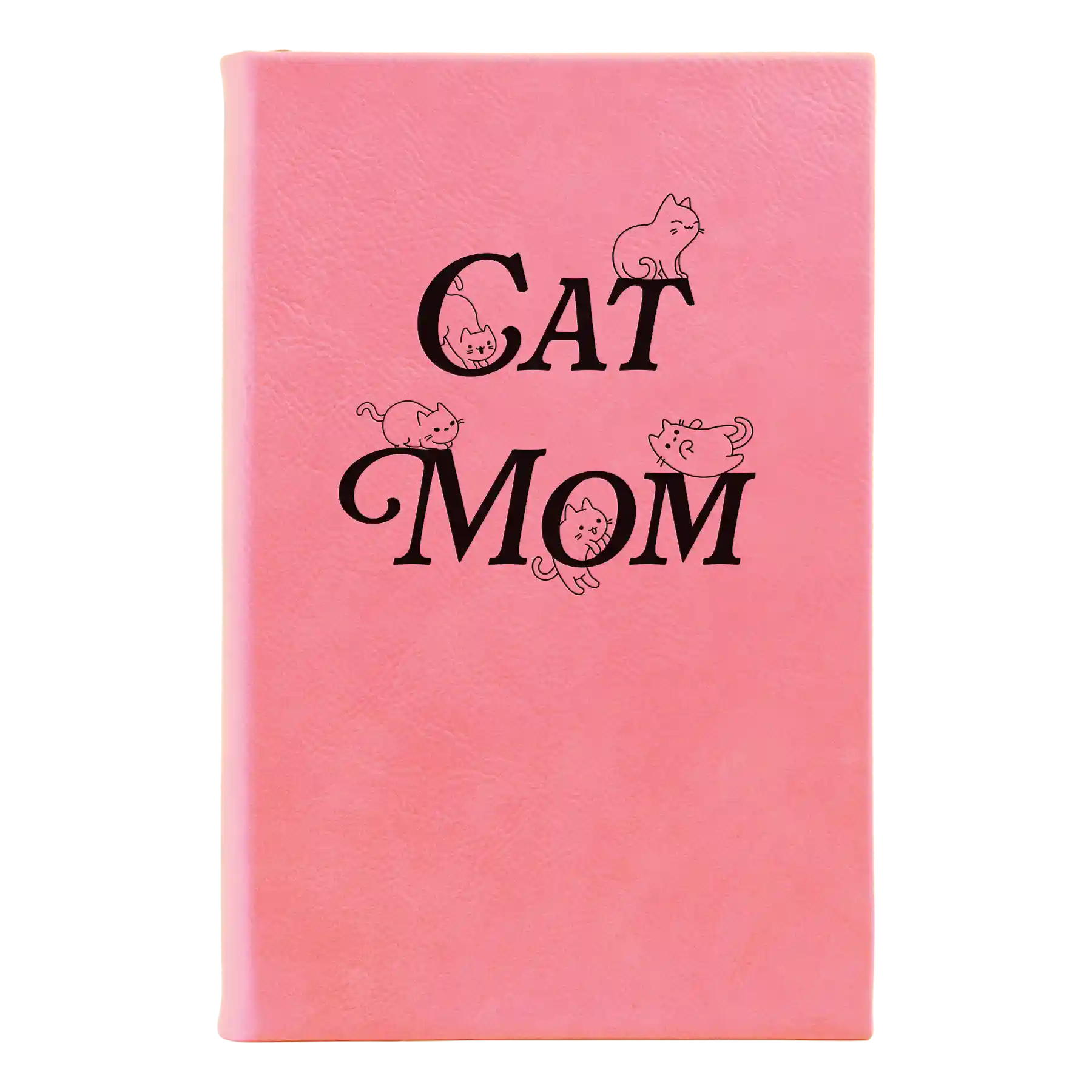 Small pink leatherette sketch book laser etched with 'Cat Mom' design