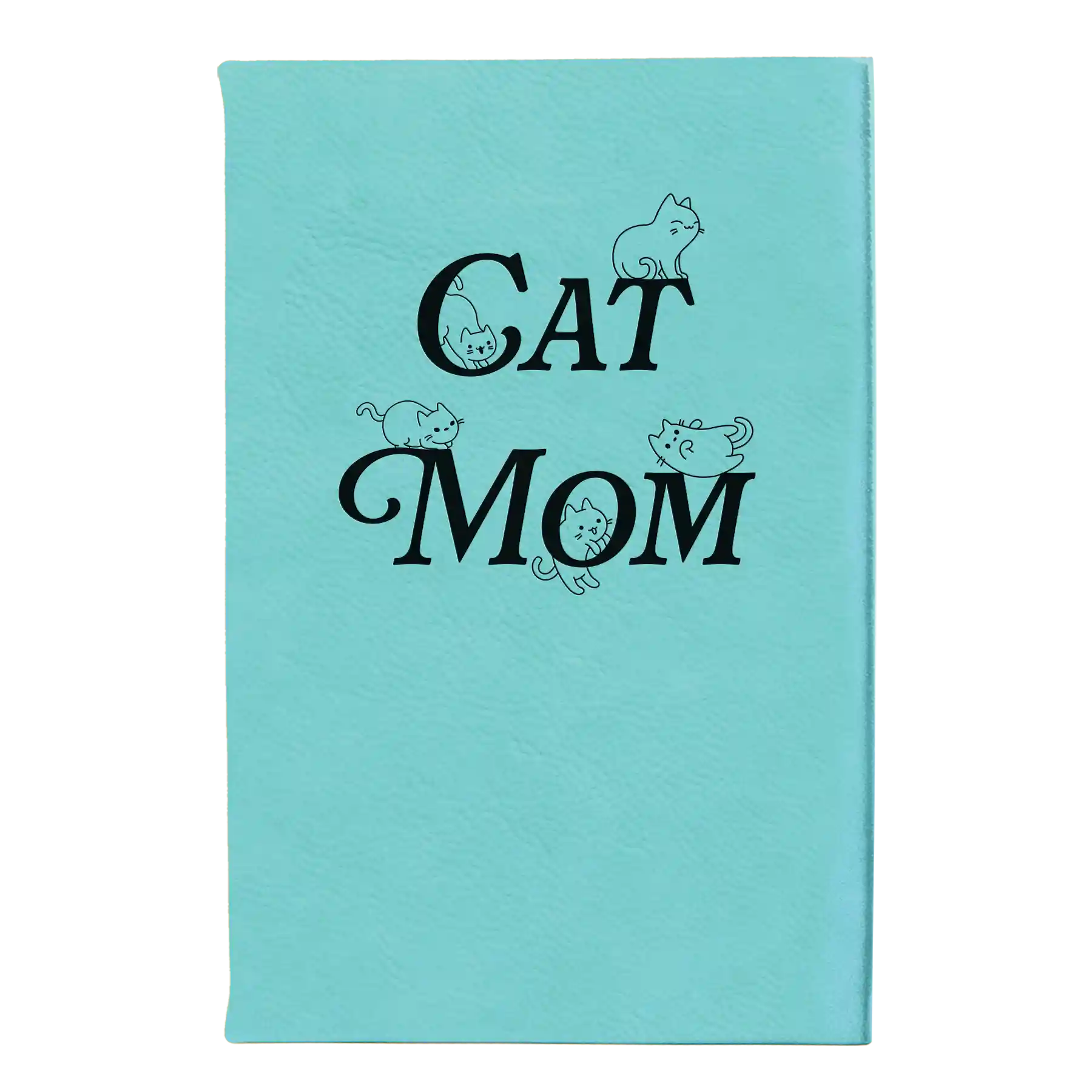 Small teal leatherette sketch book laser etched with 'Cat Mom' design