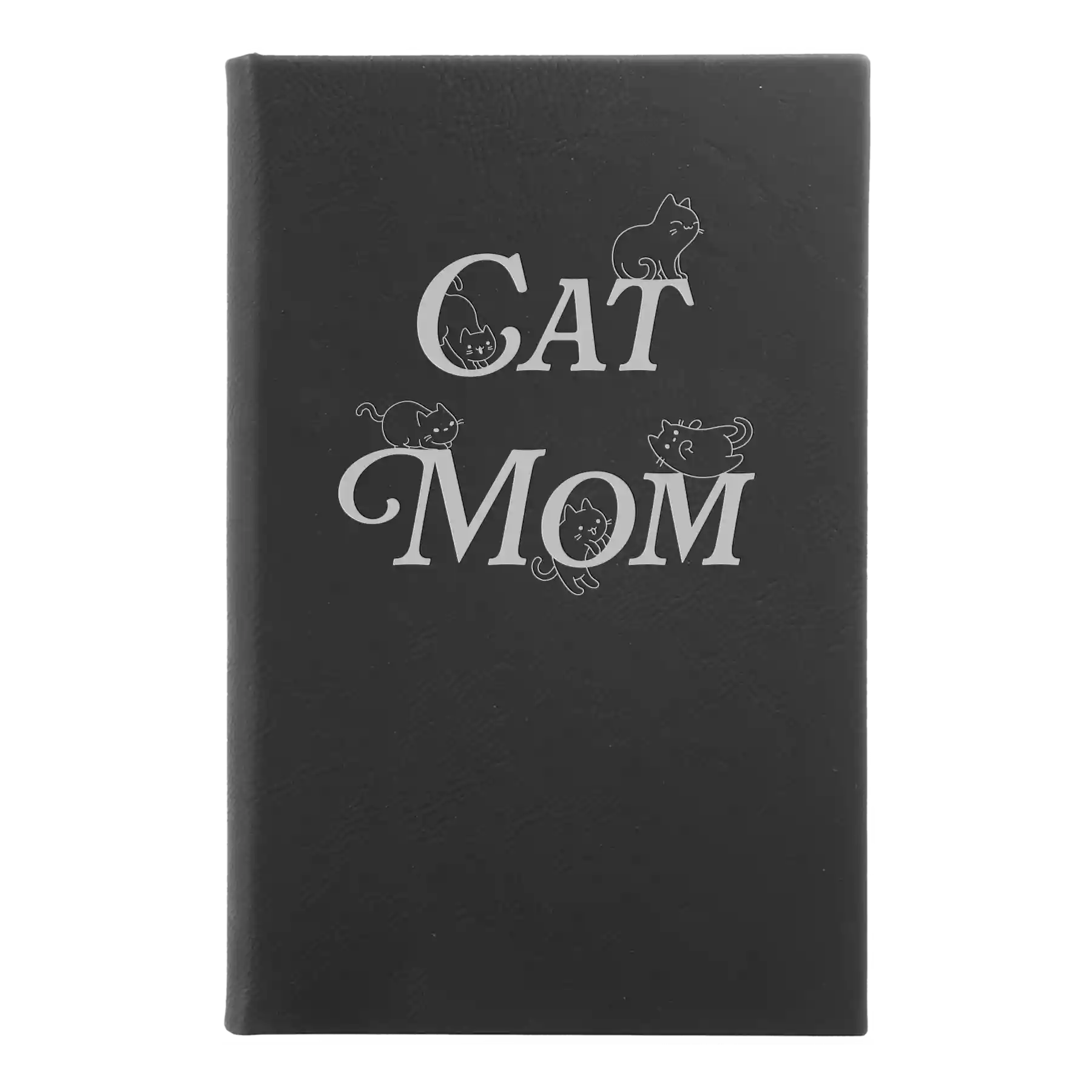 Small black/silver leatherette sketch book laser etched with 'Cat Mom' design