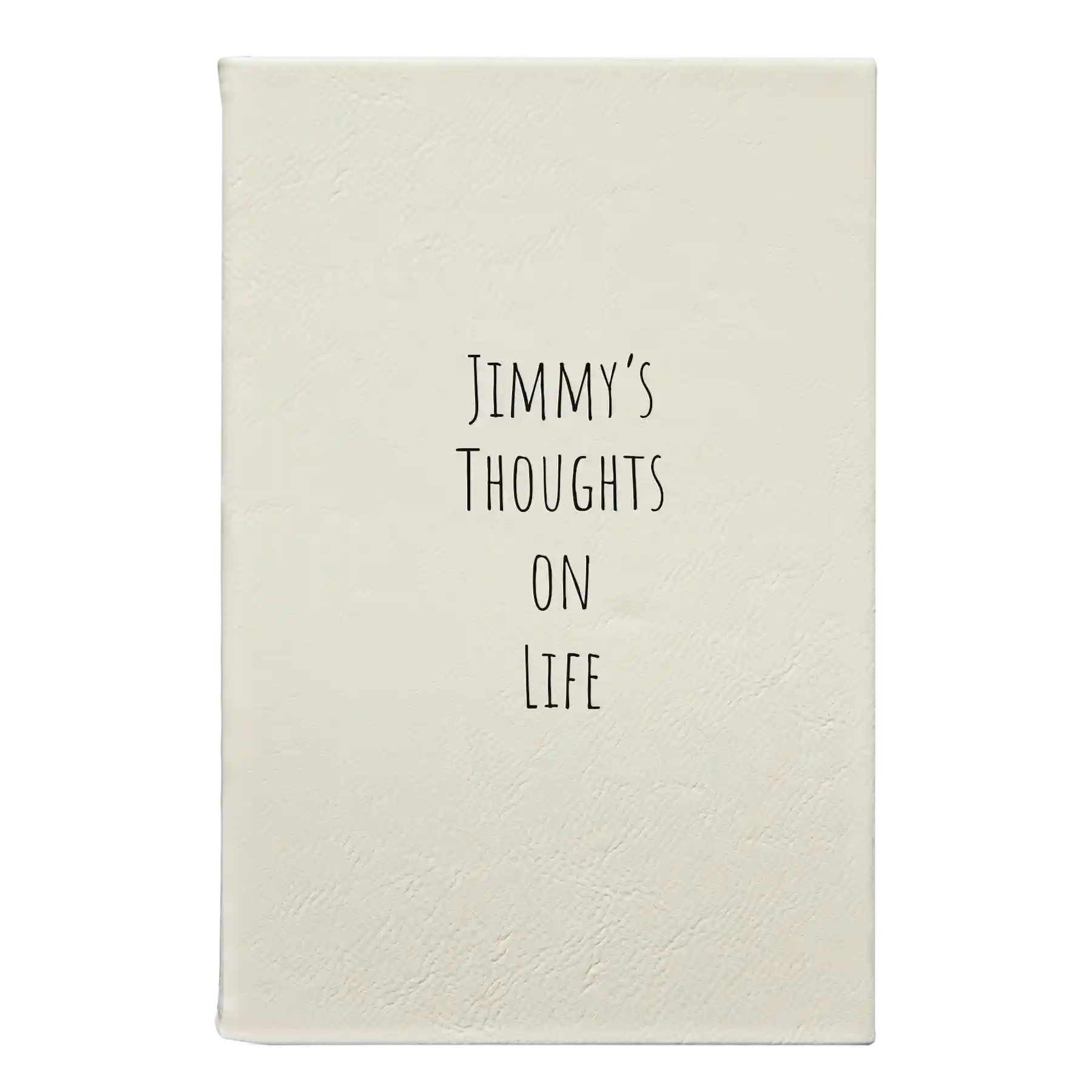 Small white leatherette sketch book laser etched with 'Thoughts on Life' design