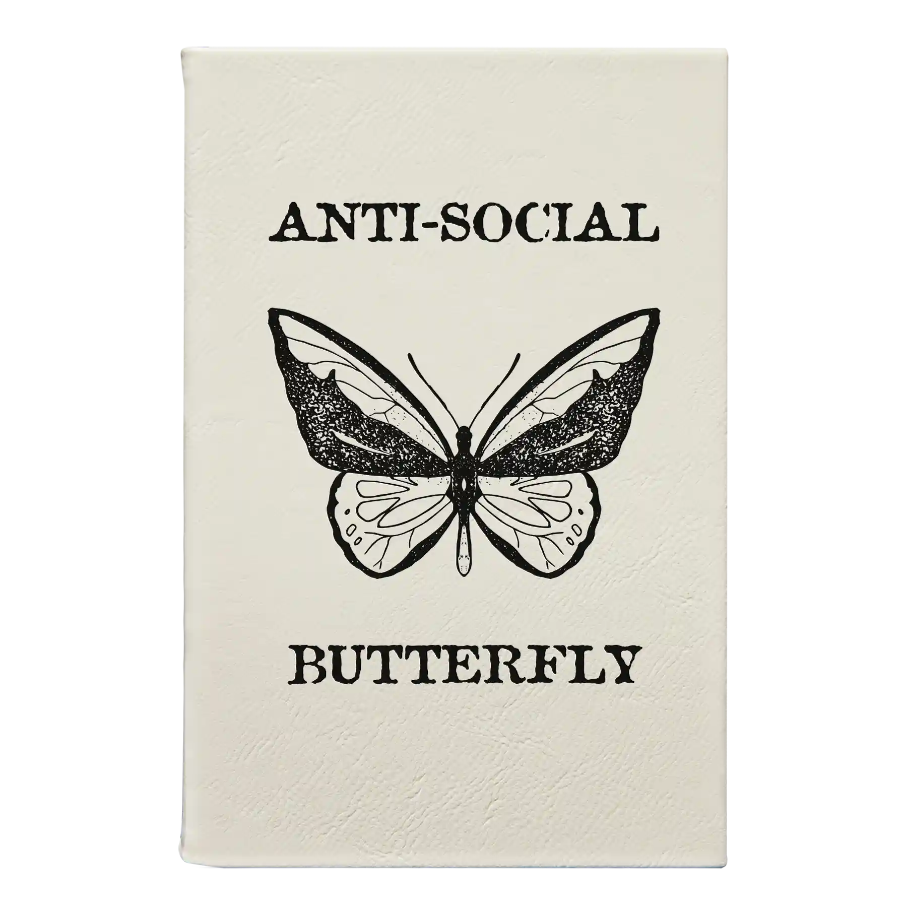 Small white leatherette sketch book laser etched with 'Anti-Social Butterfly' design