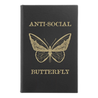 Small black/gold leatherette sketch book laser etched with 'Anti-Social Butterfly' design
