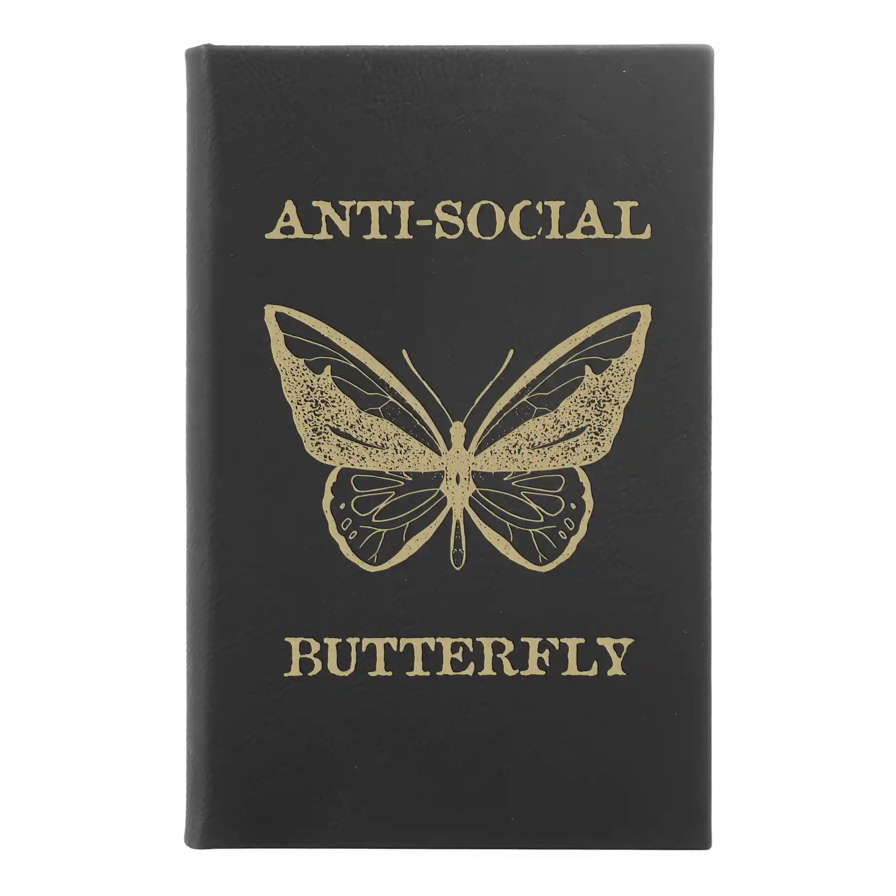 Small black/gold leatherette sketch book laser etched with 'Anti-Social Butterfly' design