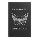 Small black/silver leatherette sketch book laser etched with 'Anti-Social Butterfly' design