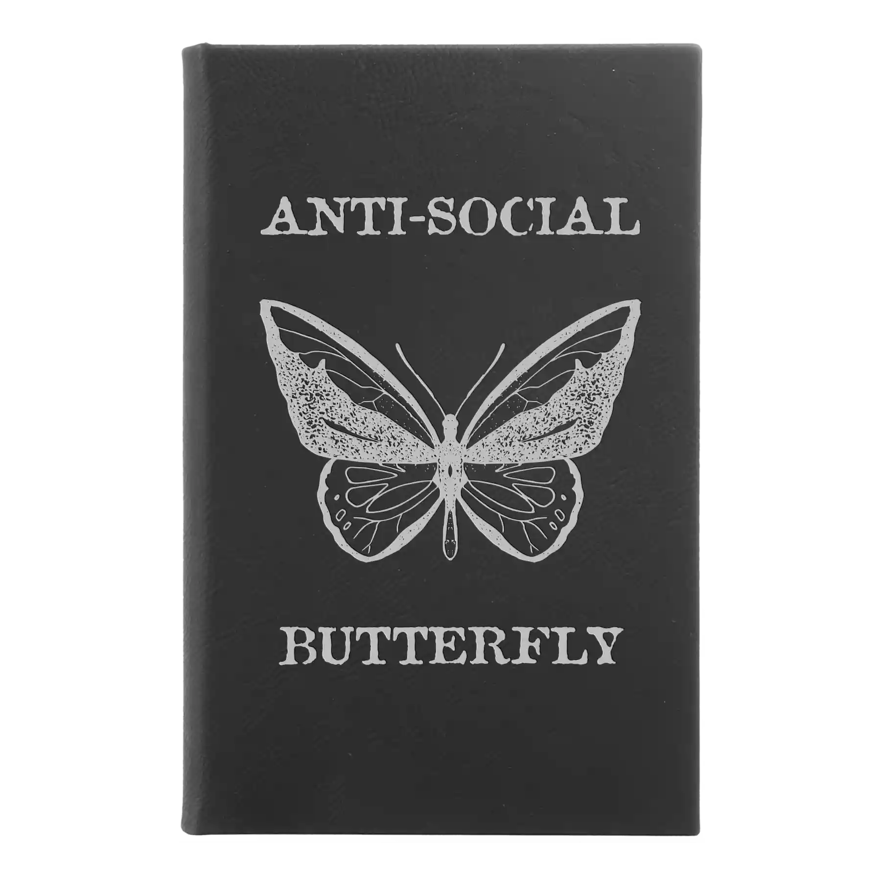 Small black/silver leatherette sketch book laser etched with 'Anti-Social Butterfly' design