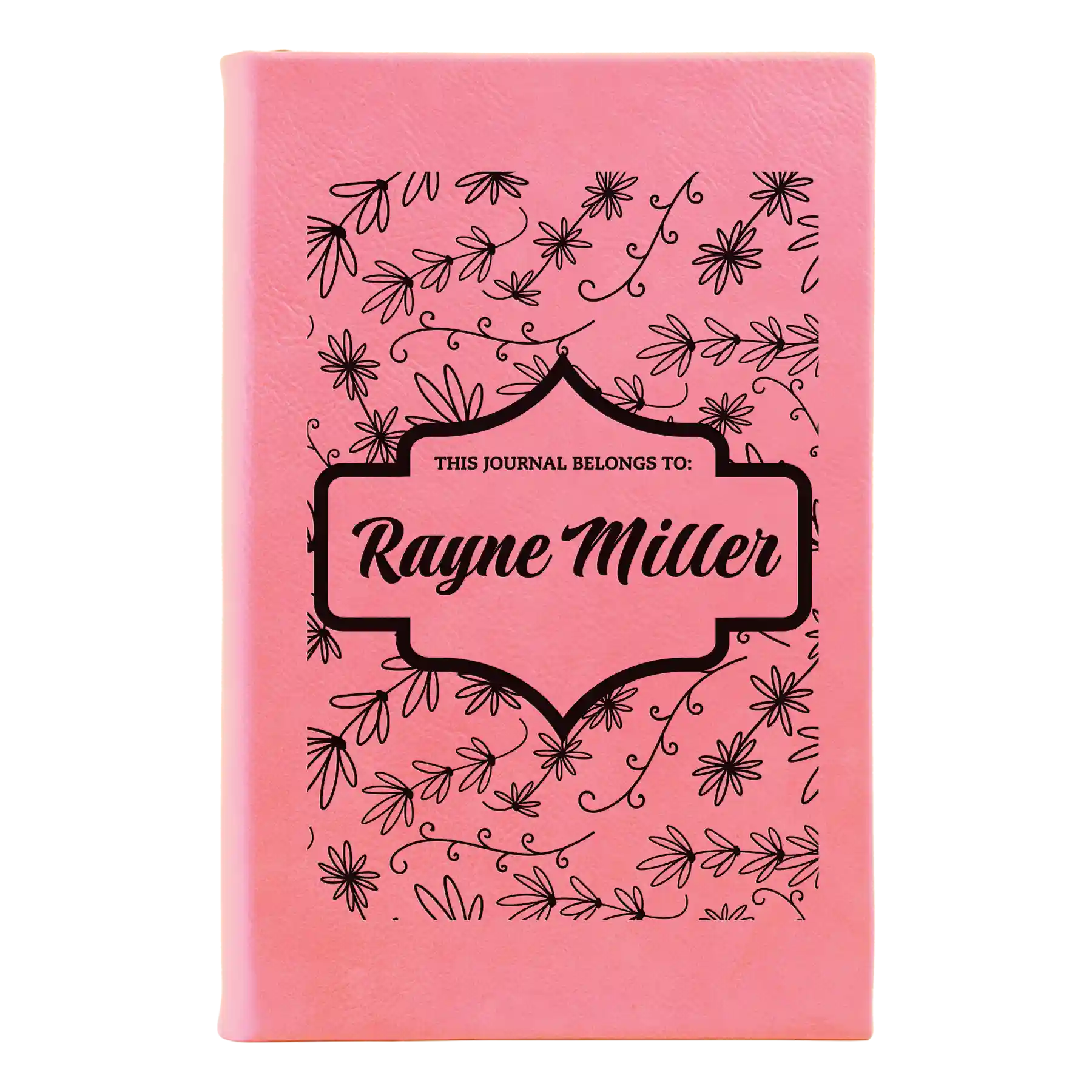 Small pink leatherette journal laser etched with 'This Journal Belongs to' design