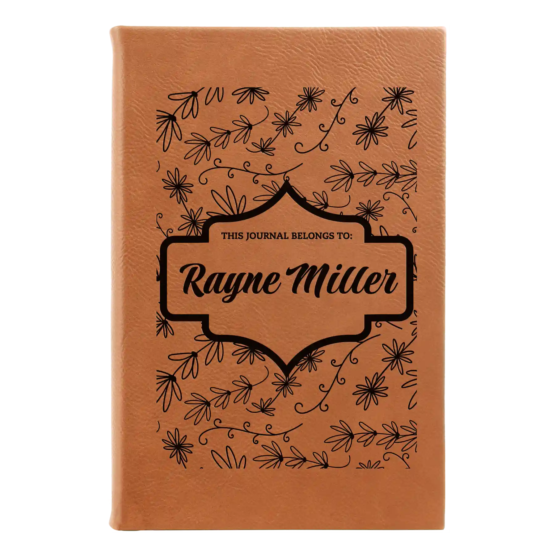 Small rawhide leatherette journal laser etched with 'This Journal Belongs to' design