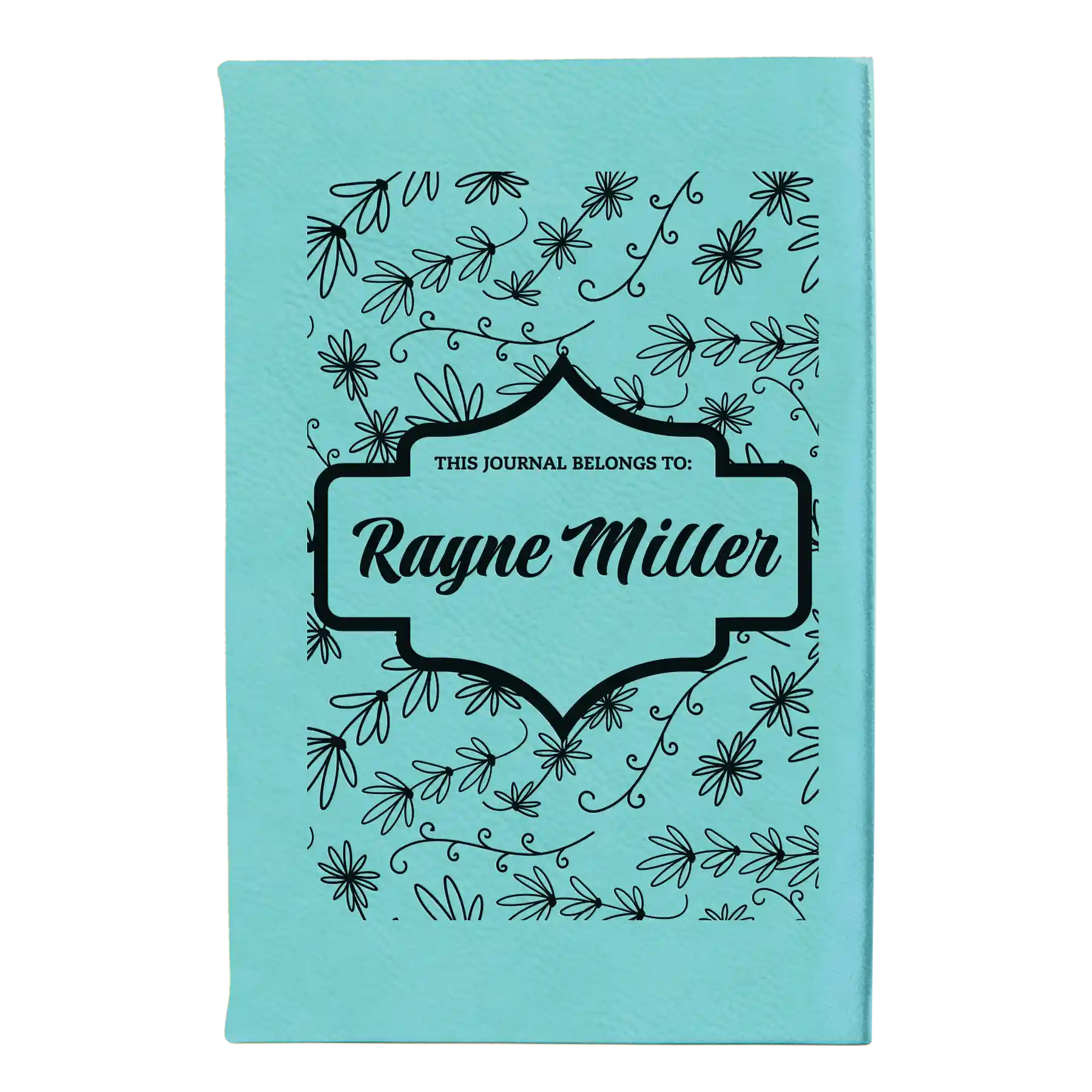 Small teal leatherette sketch book laser etched with 'This Journal Belongs to' design