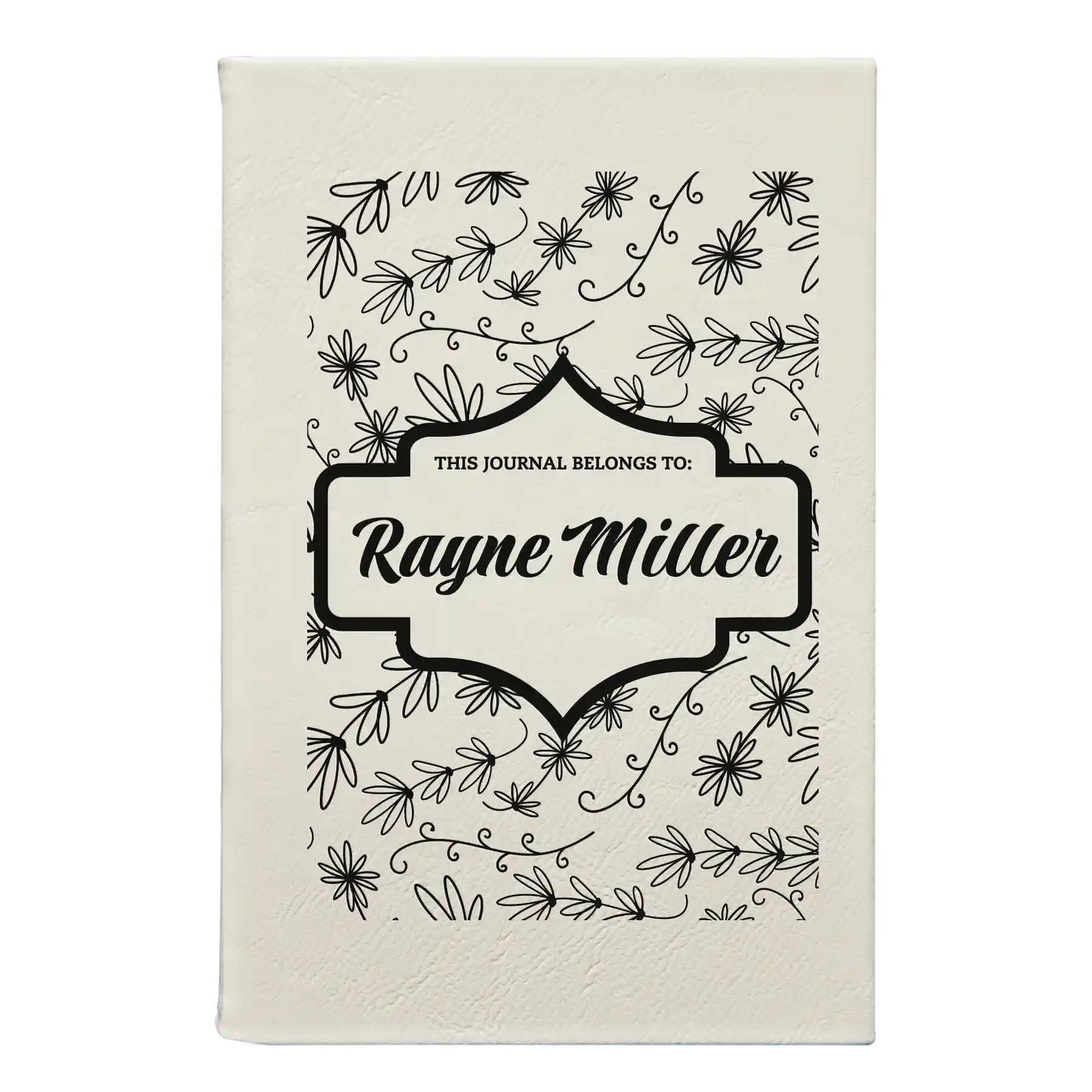 Small white leatherette sketch book laser etched with 'This Journal Belongs to' design