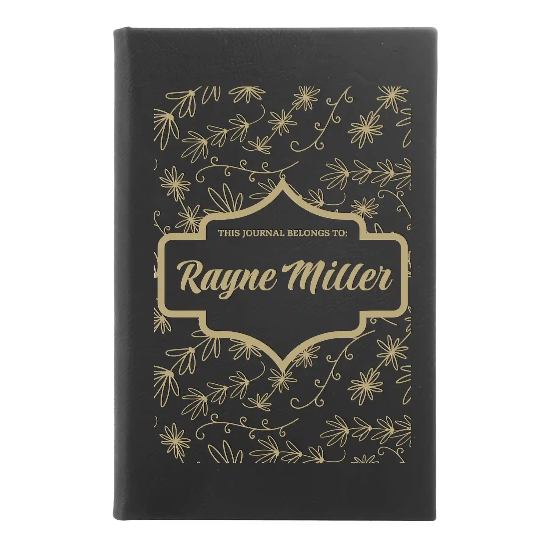 Small black/gold leatherette journal laser etched with 'This Journal Belongs to' design