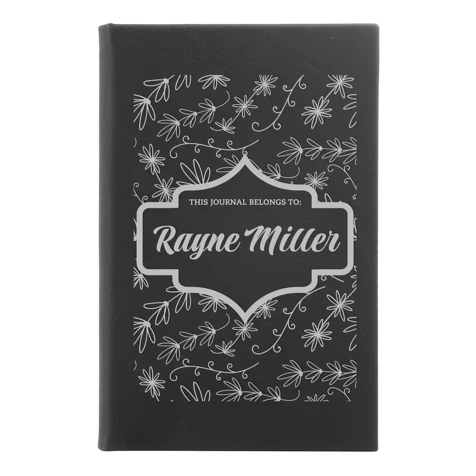 Small black/silver leatherette sketch book laser etched with 'This Journal Belongs to' design