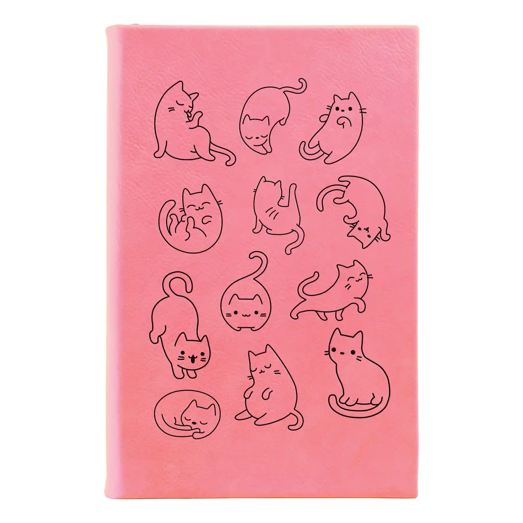 Small pink leatherette sketch book laser etched with 'Multi-Cat' design
