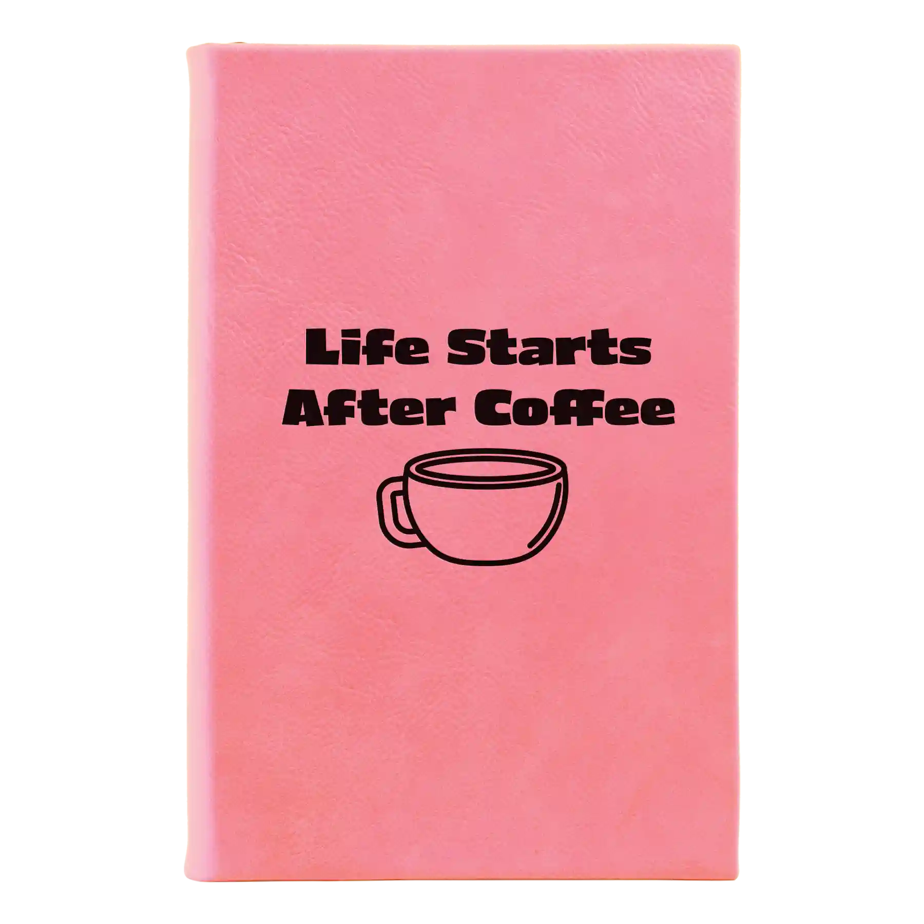 Small pink leatherette sketch book laser etched with 'Life Coffee' design