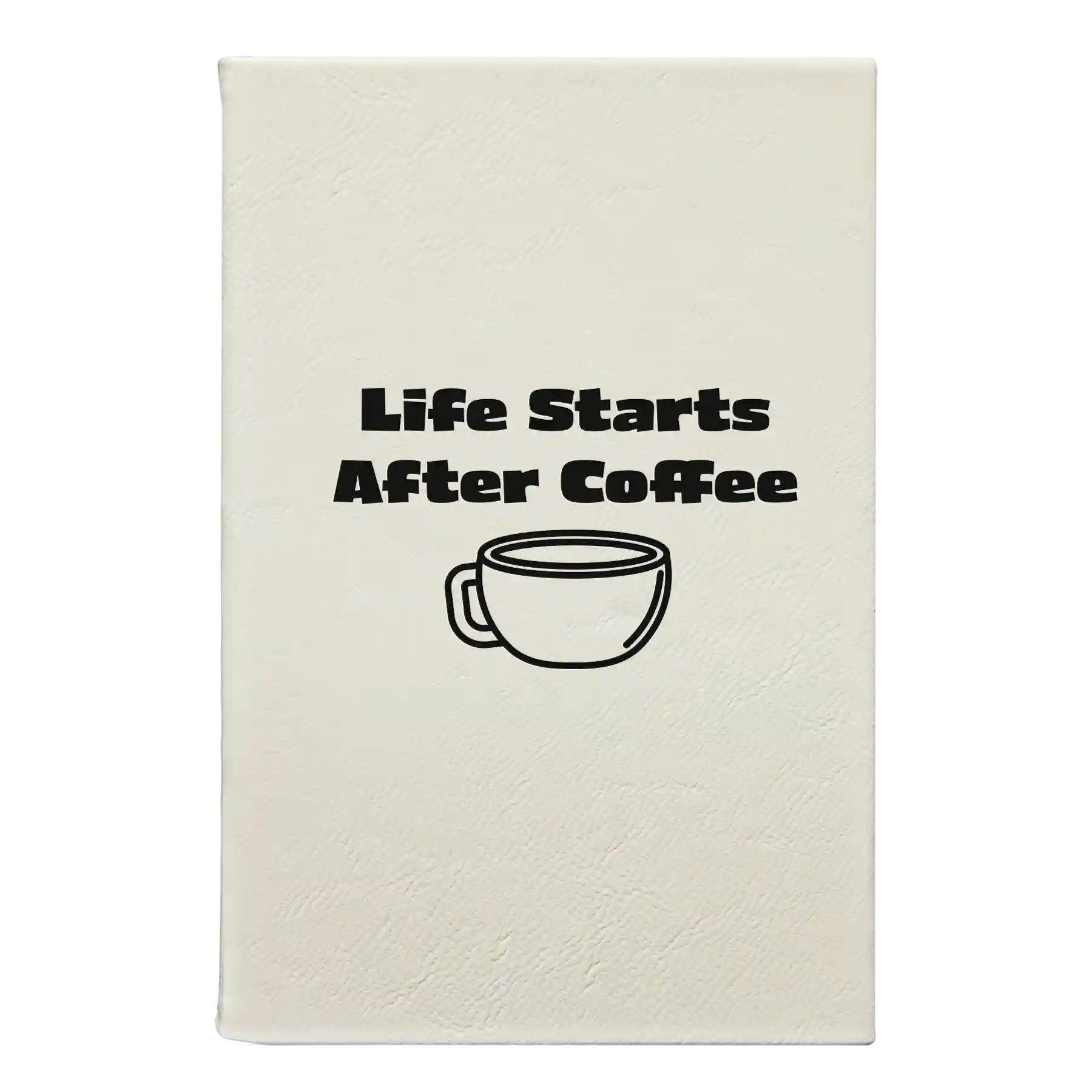 Small white leatherette sketch book laser etched with 'Life Coffee' design