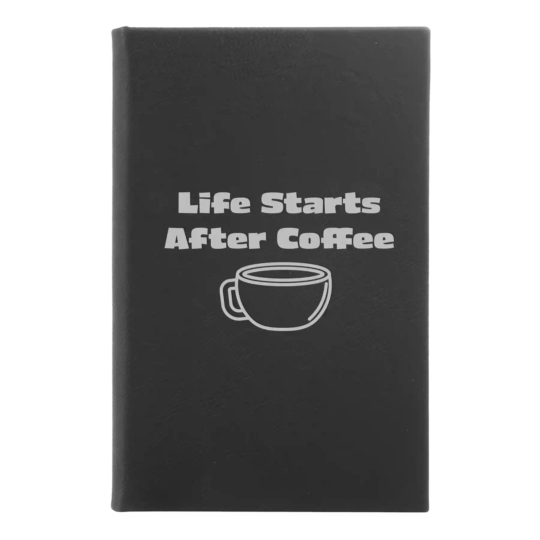 Small black/silver leatherette sketch book laser etched with 'Life Coffee' design