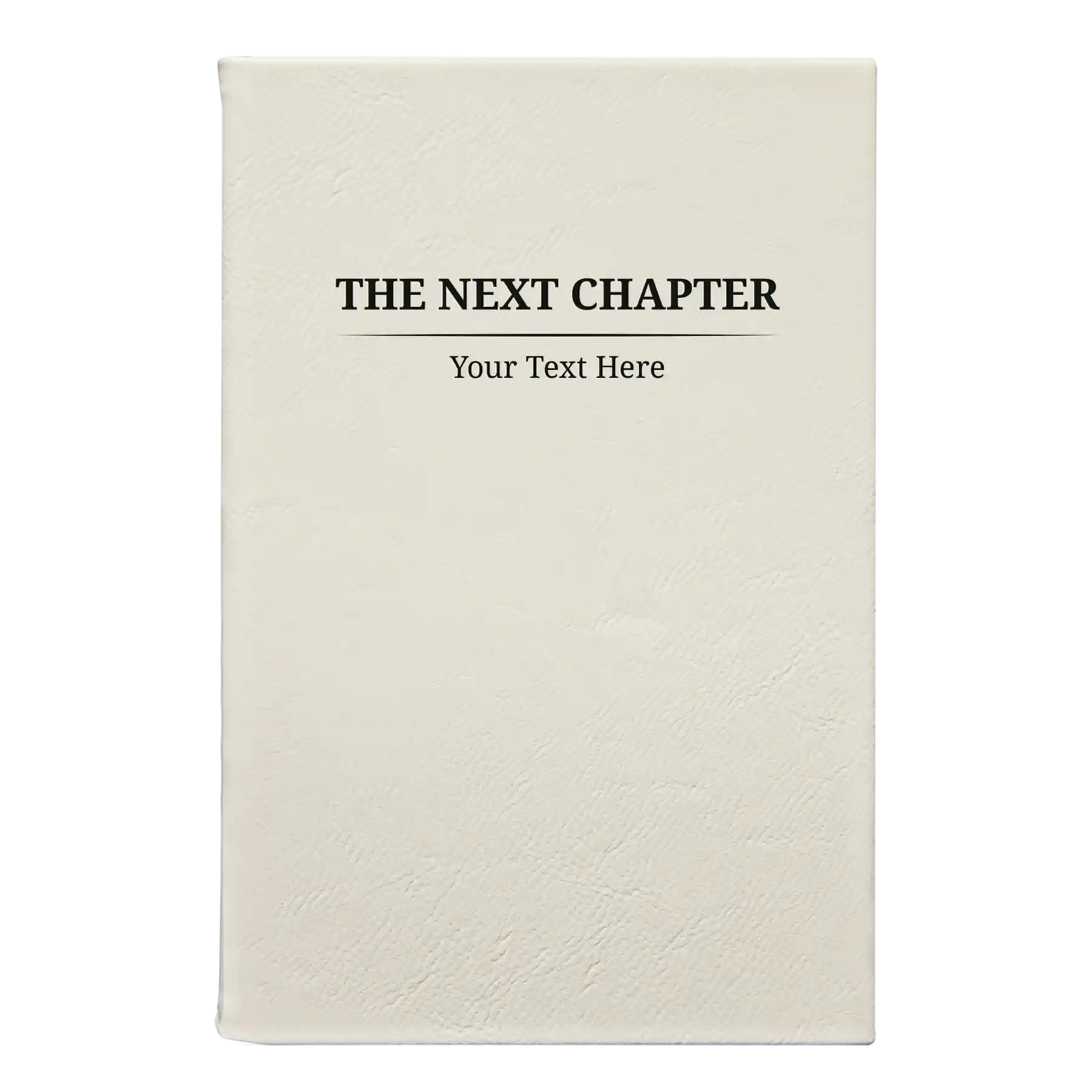 Small white leatherette sketch book laser etched with 'Next Chapter' design