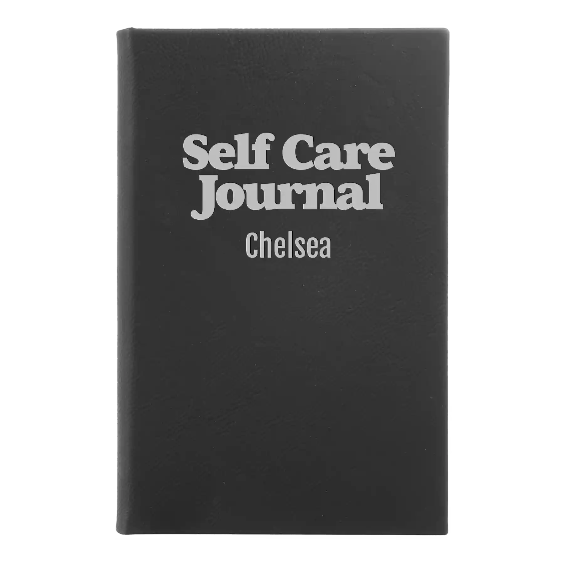 Small black/silver leatherette sketch book laser etched with 'Self Care' design