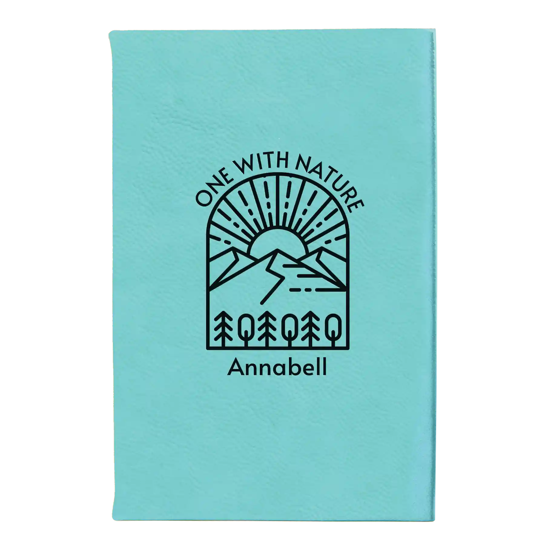 Small teal leatherette sketch book laser etched with 'One with Nature' design