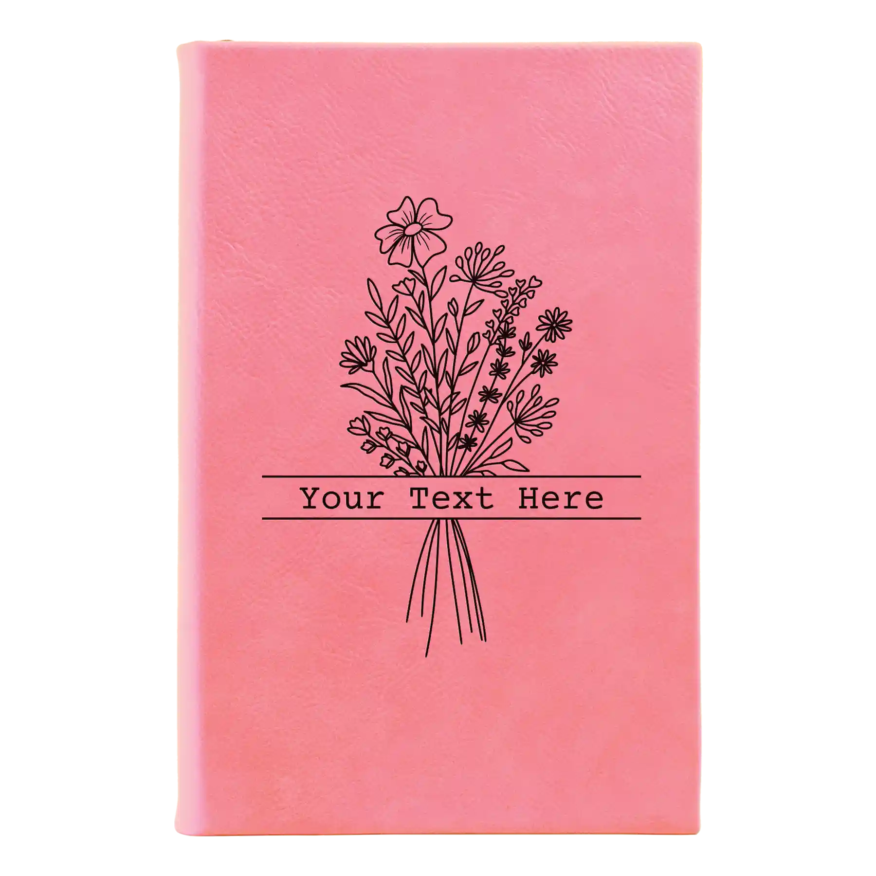 Small pink leatherette journal laser etched with 'Bouquet Text' design