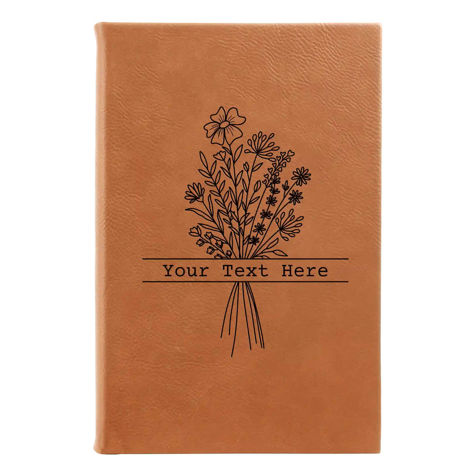 Small rawhide leatherette sketch book laser etched with 'Bouquet Text' design