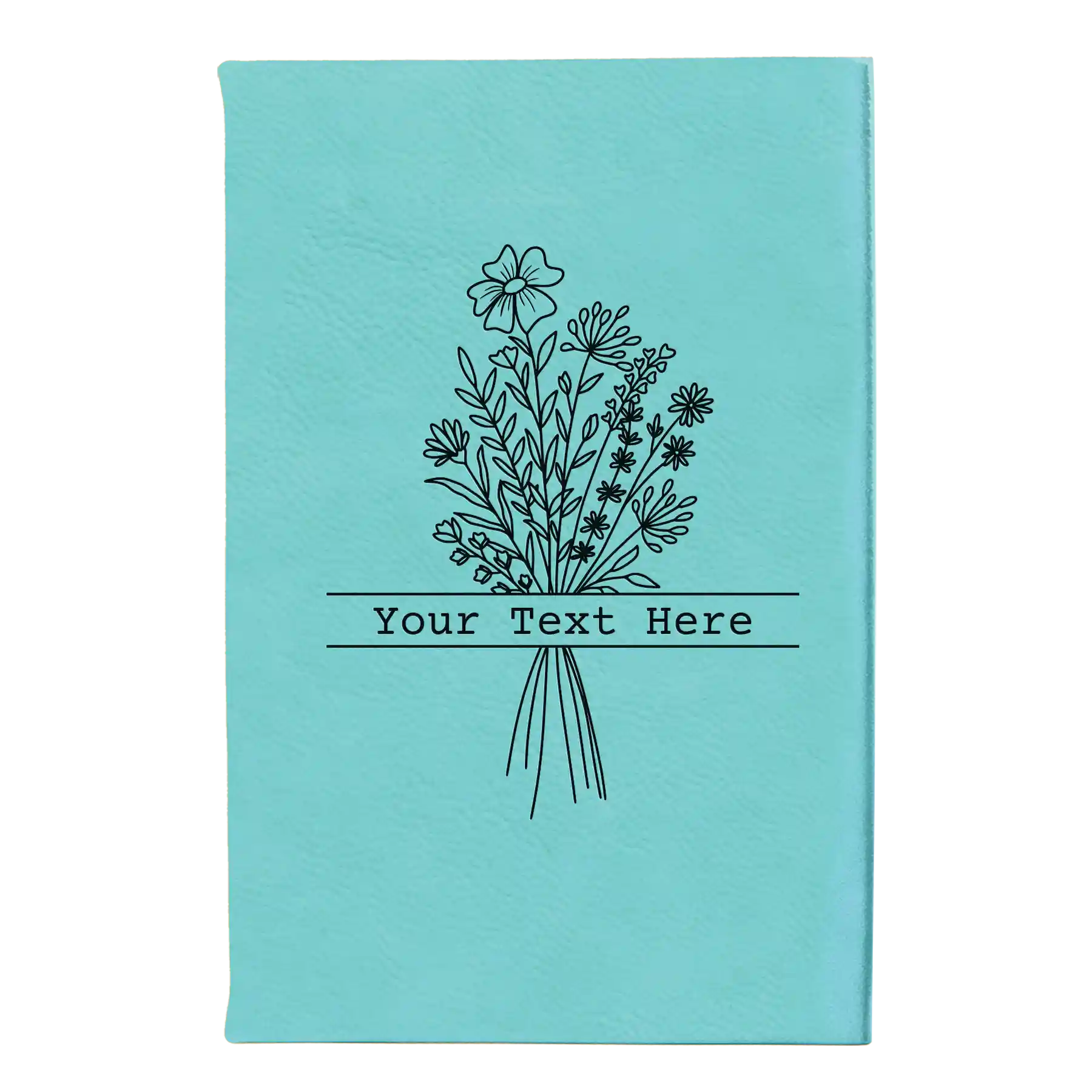 Small teal leatherette sketch book laser etched with 'Bouquet Text' design