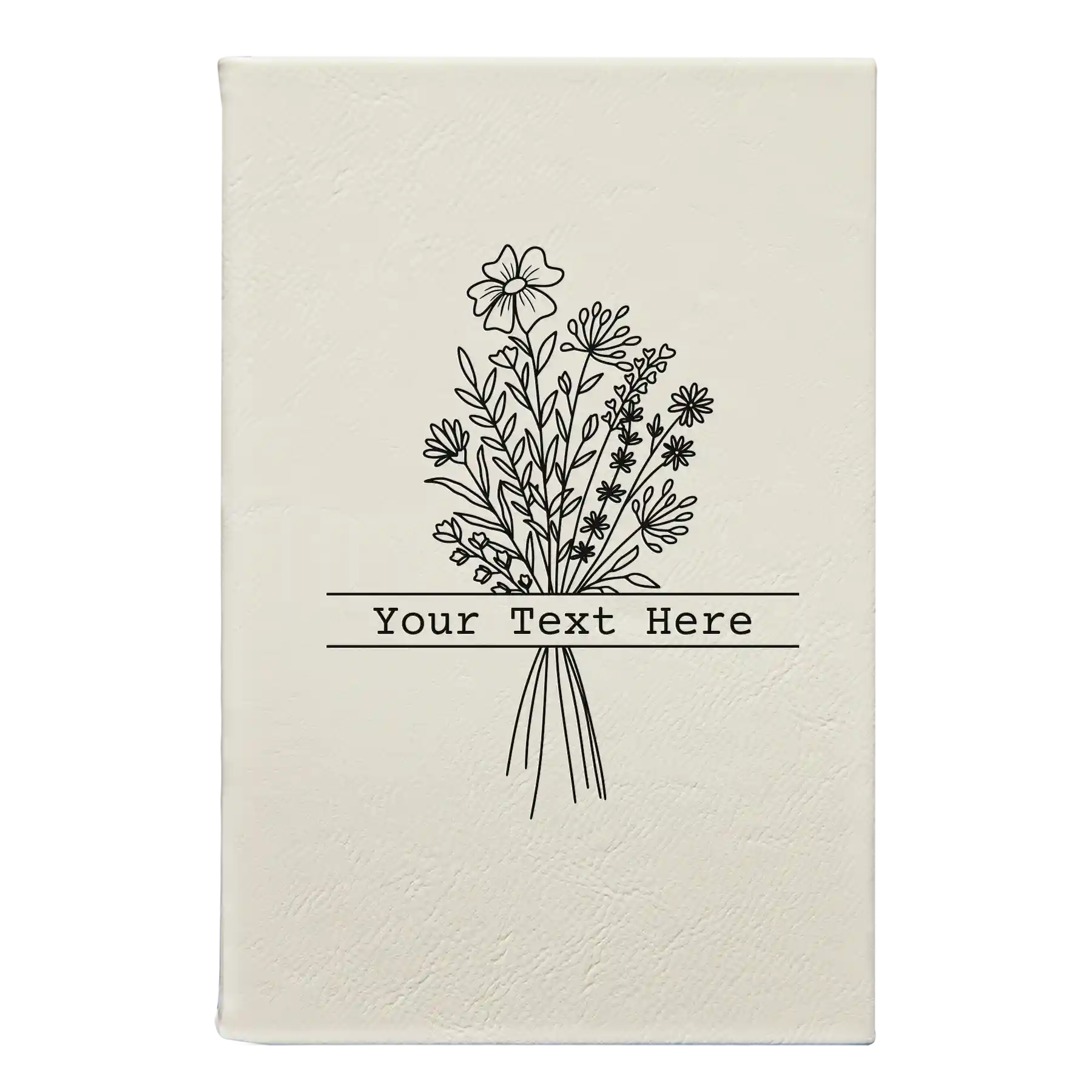 Small white leatherette journal laser etched with 'Bouquet Text' design