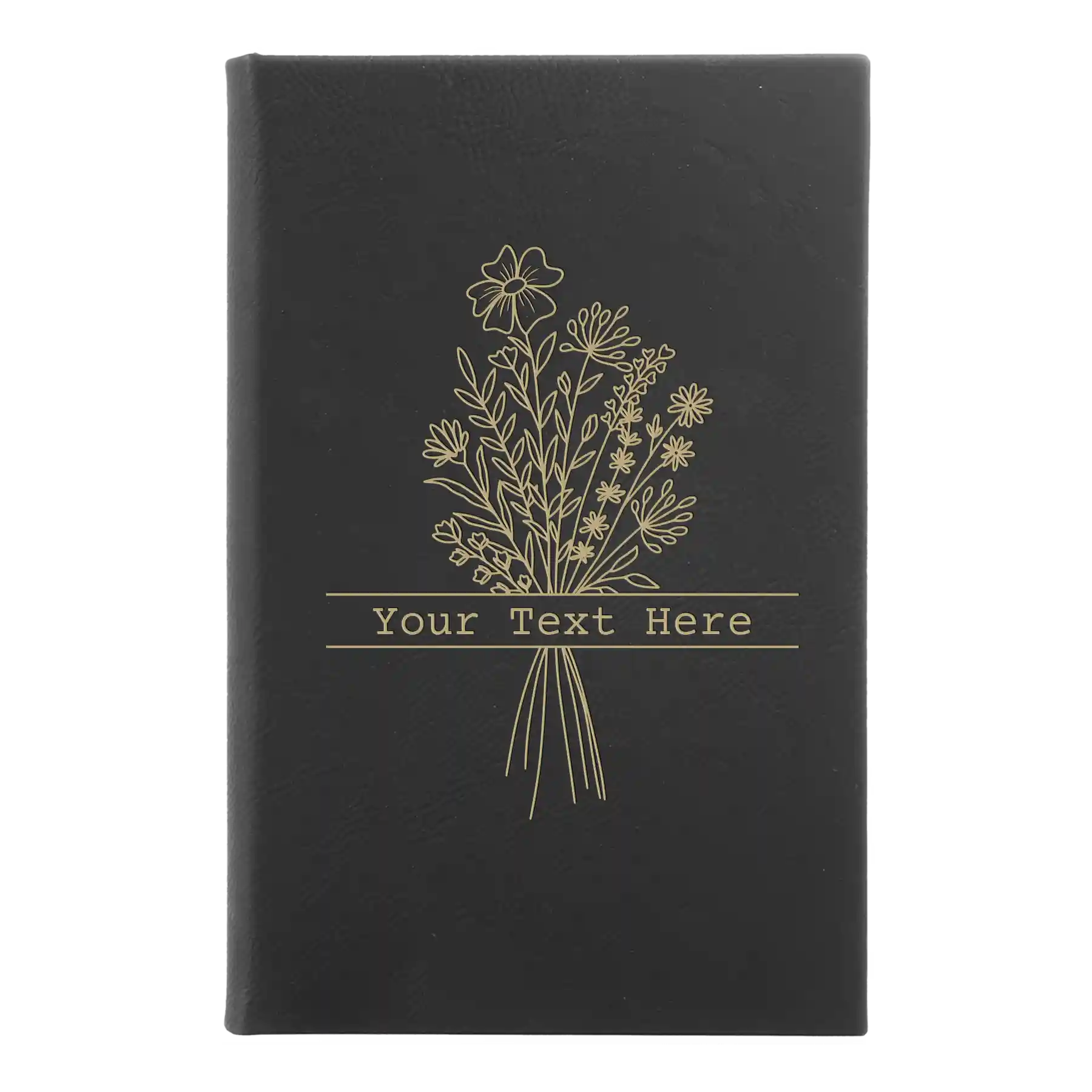 Small black/gold leatherette sketch book laser etched with 'Bouquet Text' design