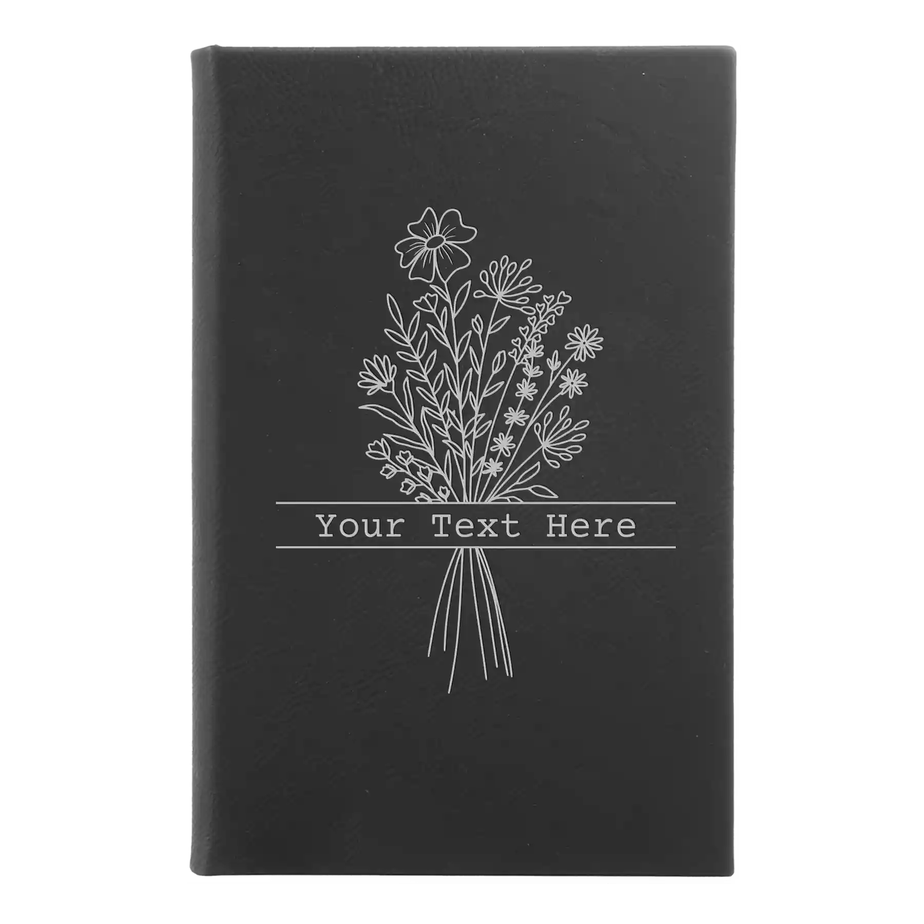 Small black/silver leatherette journal laser etched with 'Bouquet Text' design