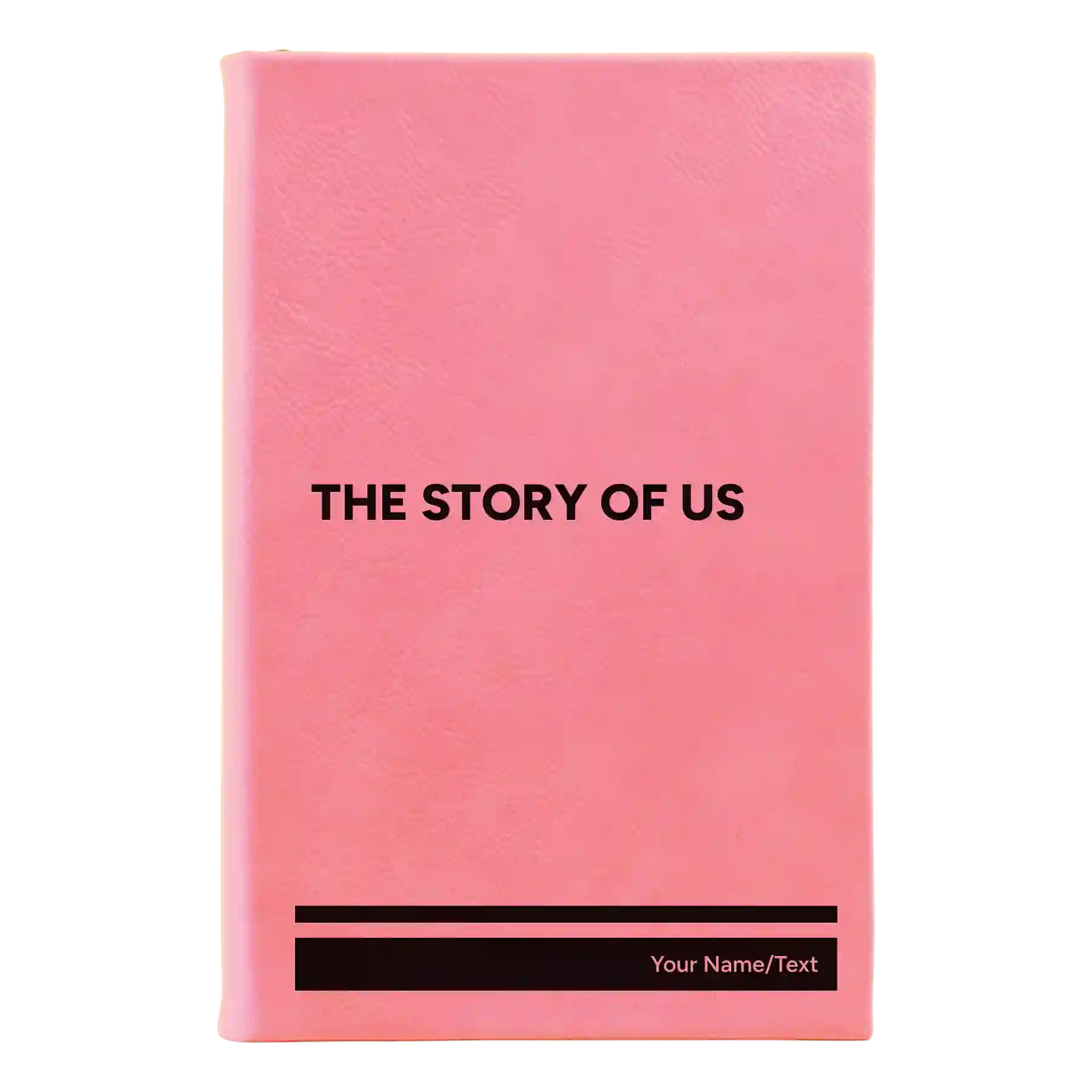 Small pink leatherette sketch book laser etched with 'The Story of Us' design